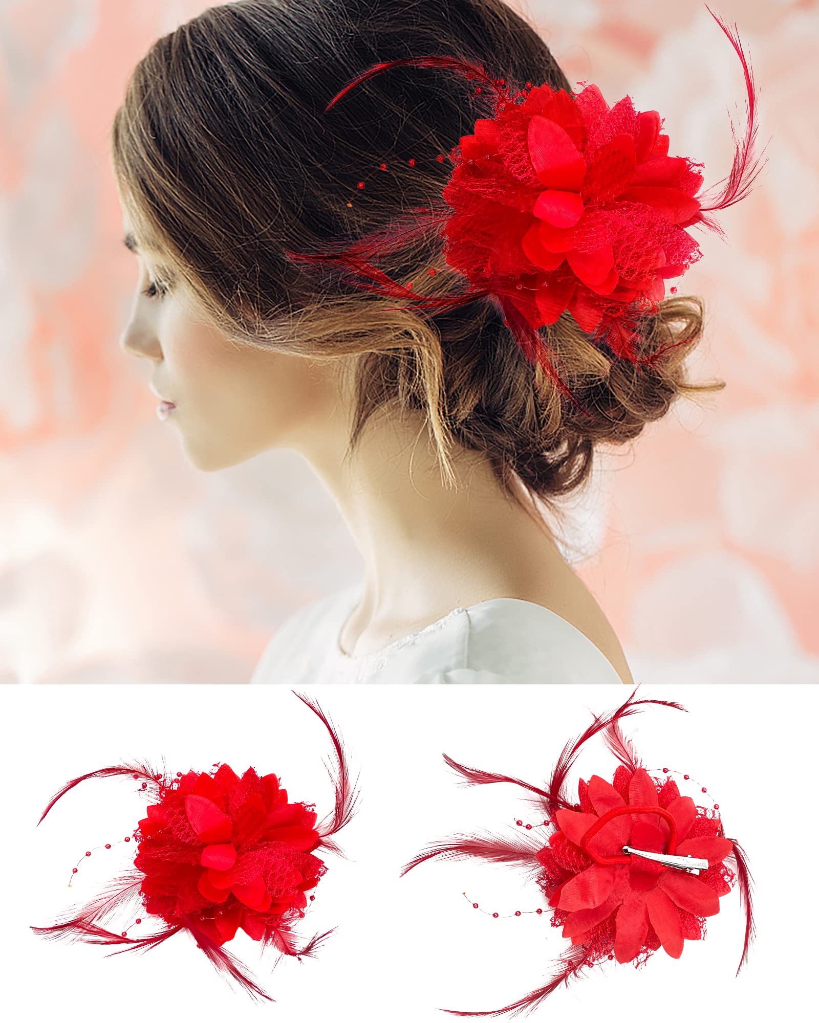 Amazon.com: Red Flower Fascinator Feather Flower Red Hair  display picture 3