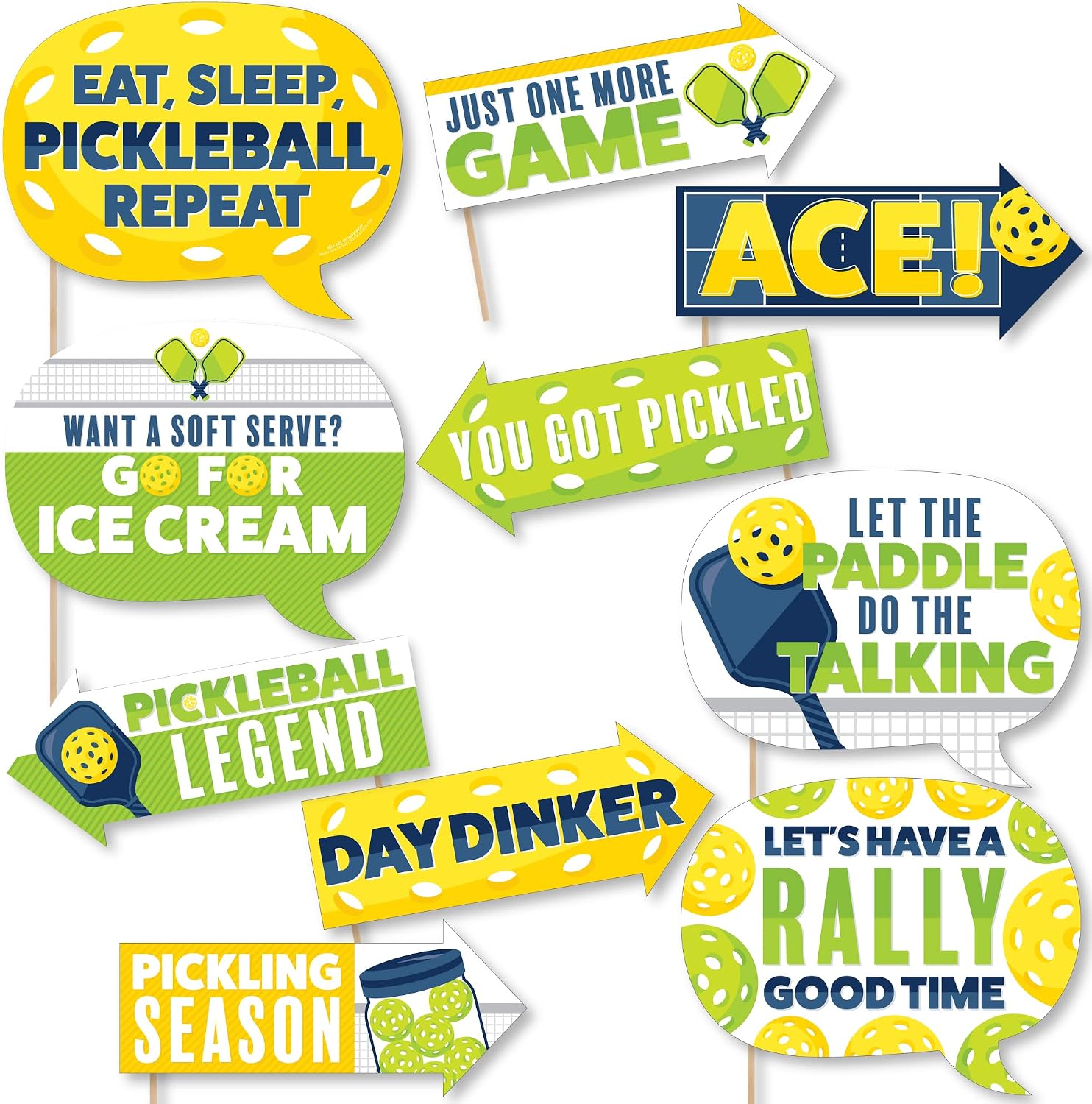 Funny Let’s Rally - Pickleball Photo Booth Prop Kit, DIY Setup - 10pc