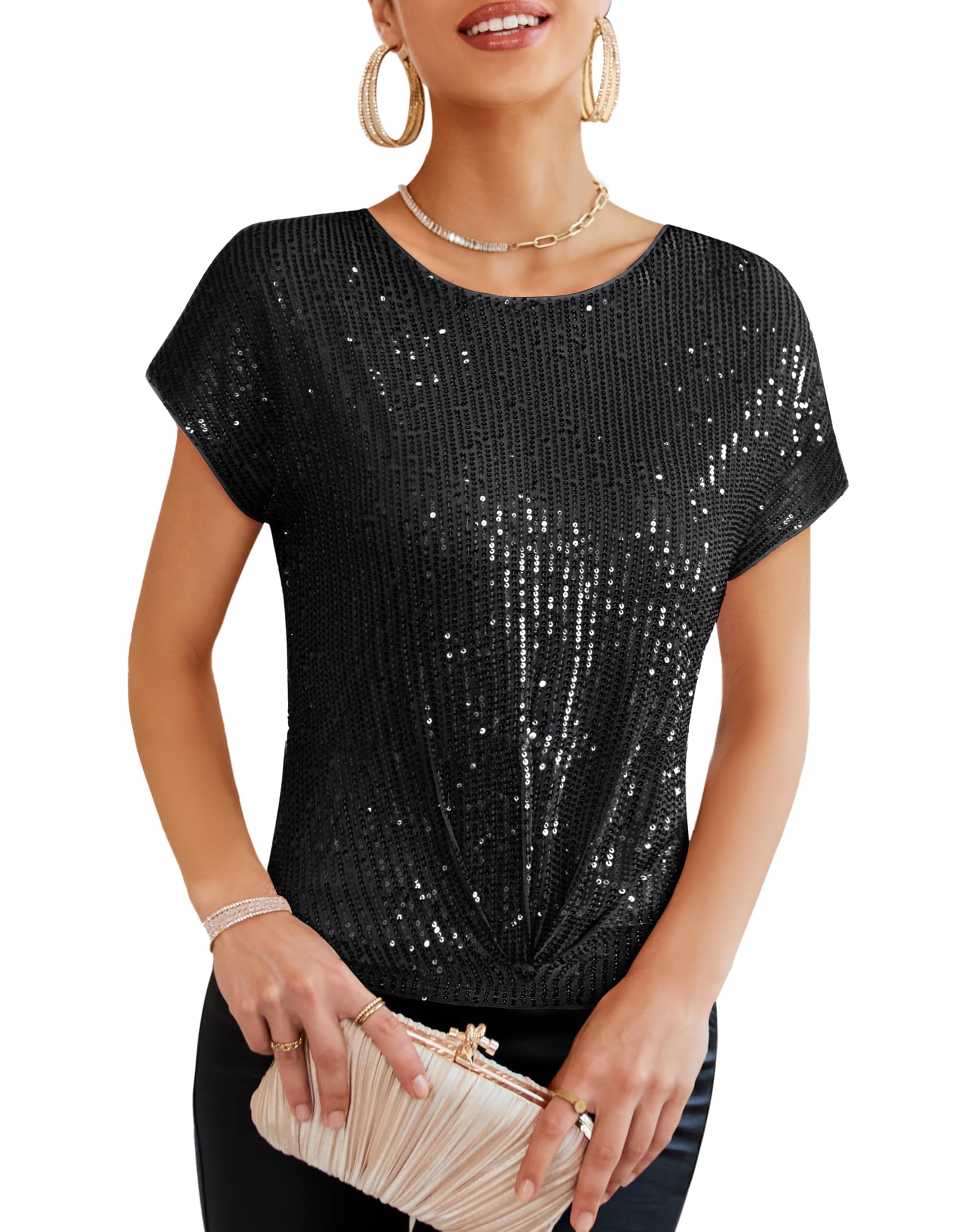 GRACE KARIN Women's Crew Neck Sequins Tops Cap Sleeves Sparkle Vest Elegant Twist Front Shimmer Glitter Top Party Club Blouses