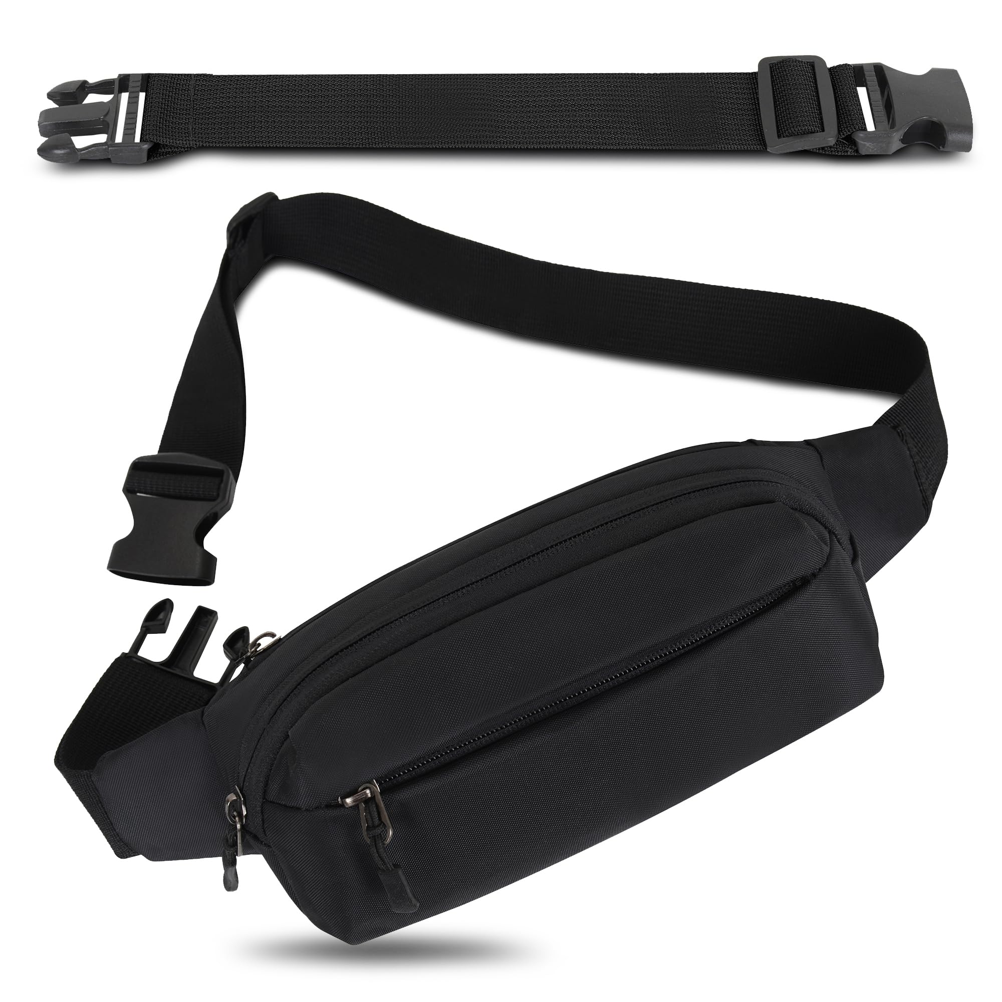 Riñonera Hombre Mujer Deportiva Unisex con Cinturón Ajustable Extendido de 30 cm y 4 Bolsillos con Cremallera Bolsa para Entrenamiento al Aire Libre Viajes Casual Correr Senderismo (Negro)