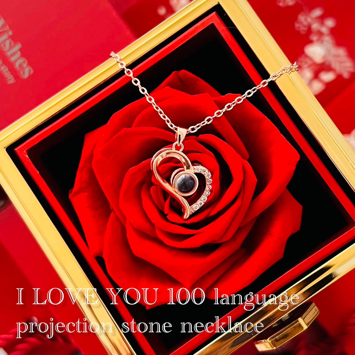Preserved Real Rose Rotate Box with I Love You Necklace in100Languages-Eternal Flowers Rose Romantic Gifts for Mom Wife Girlfriend Daughter for Valentines Day Christmas Birthday (red) - Image 4