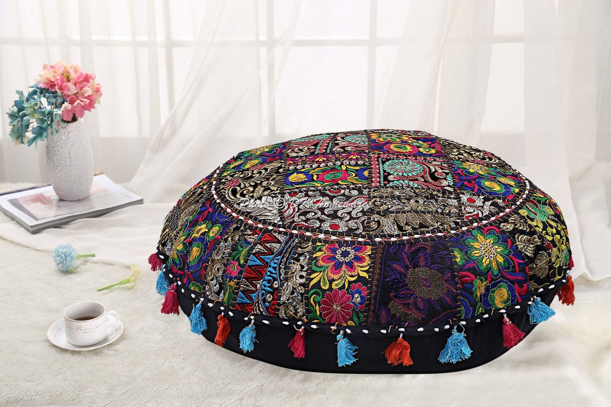 Round Bohemian Floor Pillow Adult Black 22 Inch Patchwork Lounger Pouffe Footstool Home Decor Embroidered Vintage Cotton Indian Floor Cushion for Kids 22x22