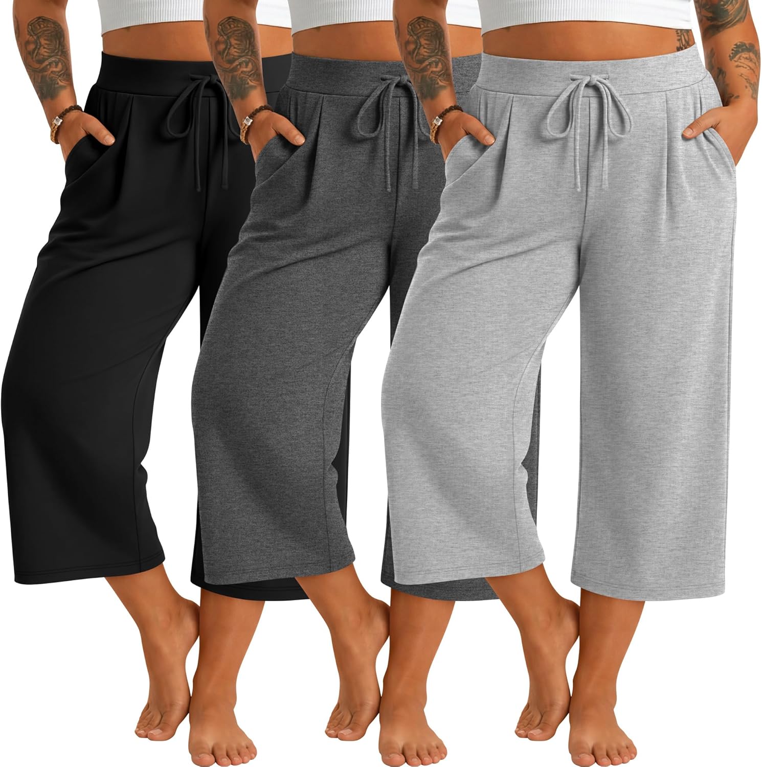 Huukeay 3 Pack Women's Plus Size Capri Pants, Wide Leg Drawstring Capris Sweatpants Loose Cropped Yoga Pants with Pockets
