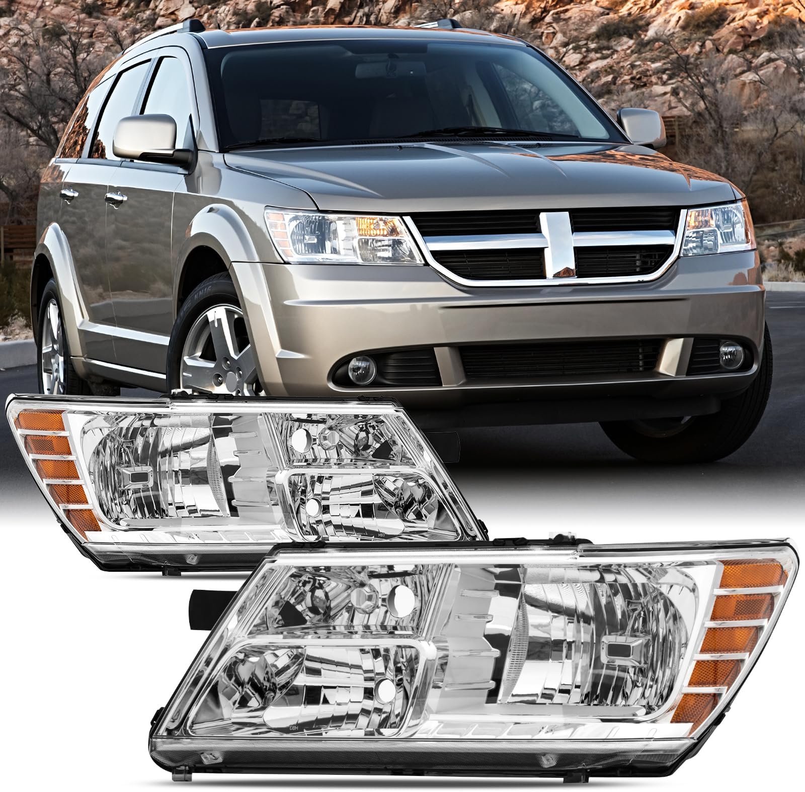 REINKO Headlight Assembly Compatible with 20092020 Dodge Journey Chrome Headlamps