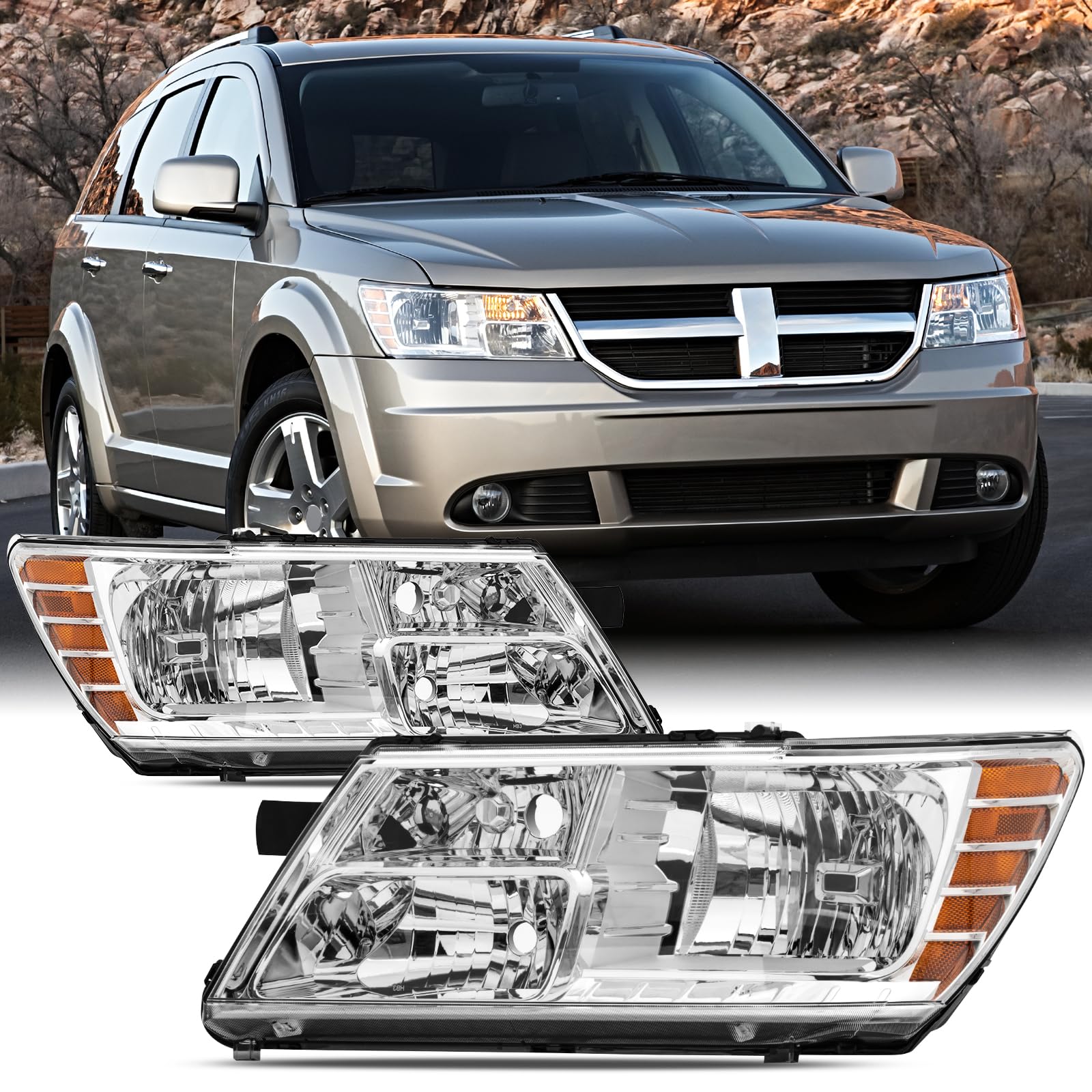 Headlight Assembly Compatible with 2009-2020 Dodge Journey Chrome Headlamps for 09-20 Journey OE Replacement Pair Set Driver and Passenger Side