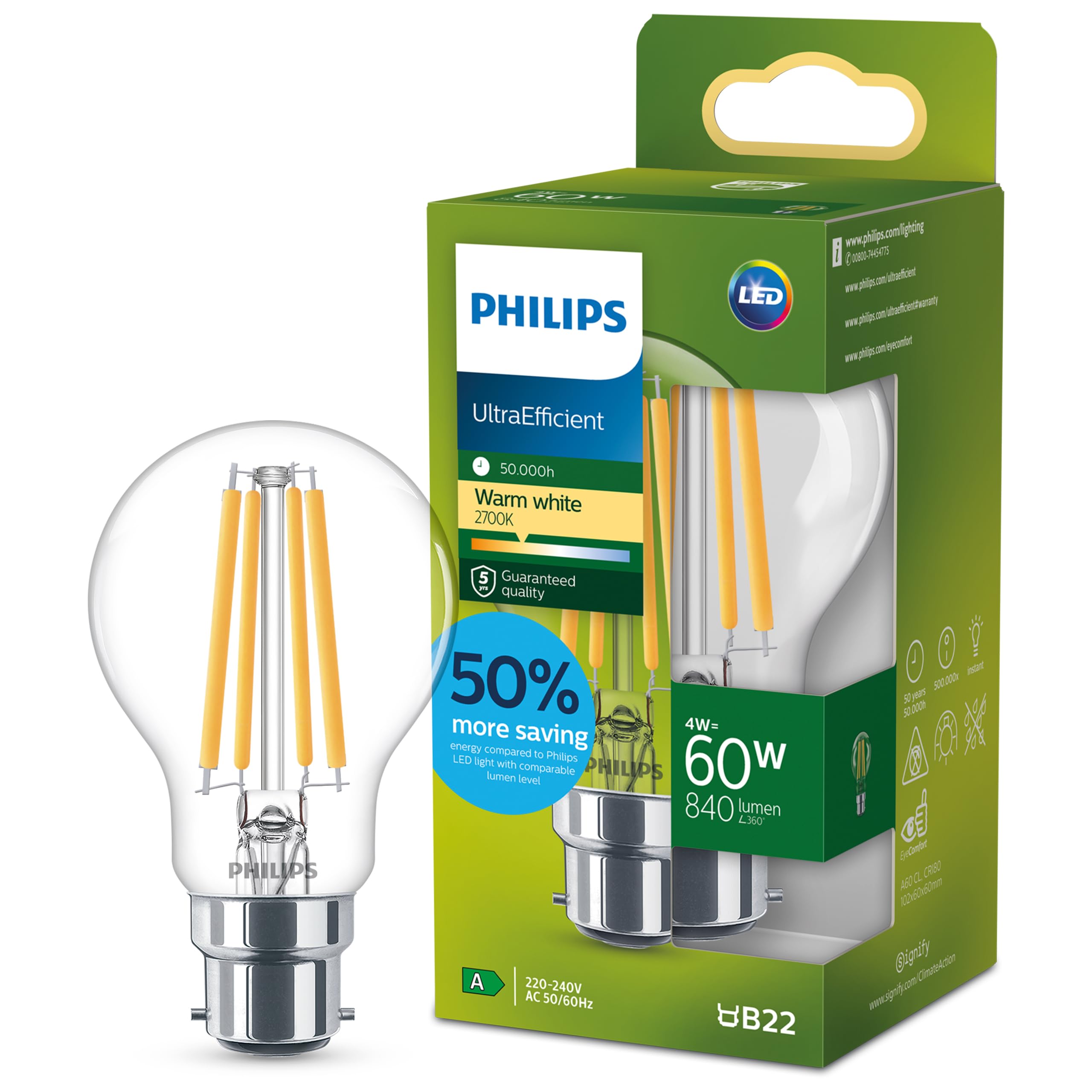 Philips Led Ultra Efficient Lamp B22 A60 4W 2700K In Clear Glass