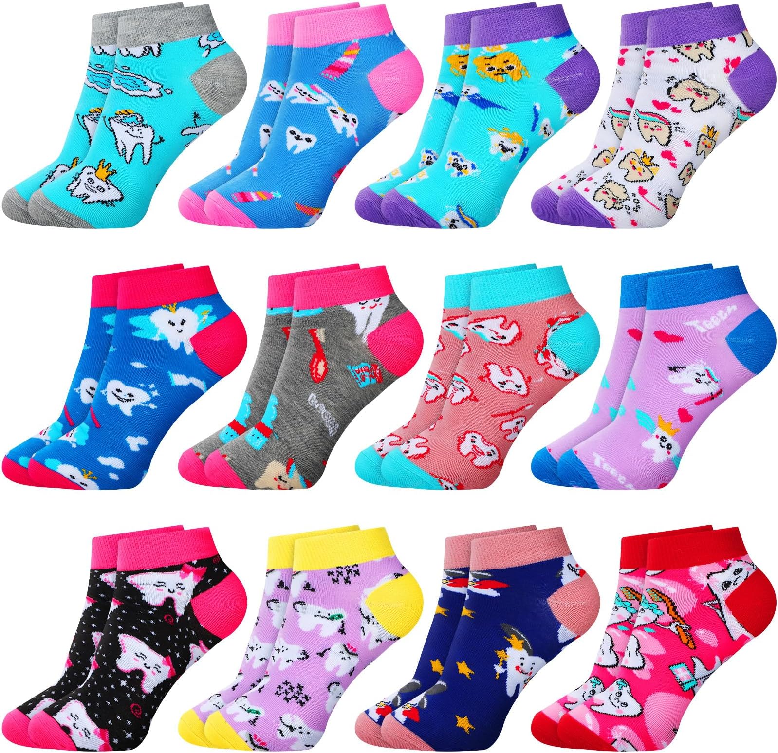 12 Pairs Women Teeth Socks Dentist Socks Dental Assistant Gift Oral Hygienist Sock Novelty Teeth Ankle Sock for Women Dentist Dental Assistant Hygienist Christmas Stocking Stuffers Party Gift,