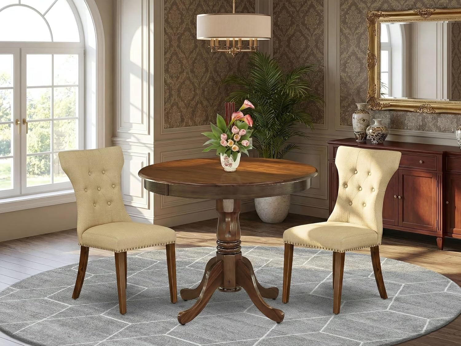 East West Furniture ANGA3-AWA-03 3 Piece Dining Set Contains a Round Dining Room Table with Pedestal and 2 Upholstered Chairs, 36x36 Inch, Antique Walnut