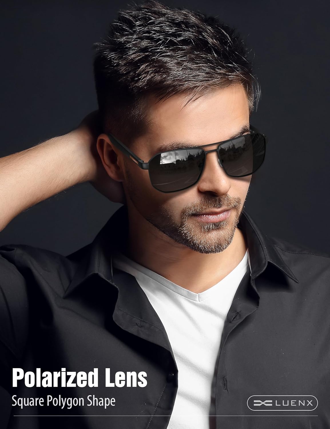 LUENX Aviator Sunglasses for Men Square Polarized Polygon Shades UV400 Sun Glasses with Accessories - Image 2