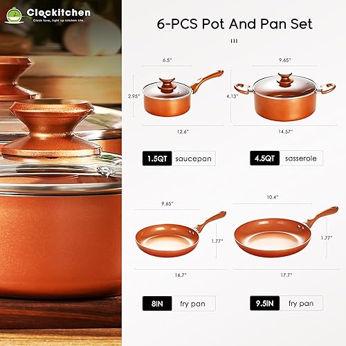Miniatura 4 de Clockitchen Juego de utensilios de cocina antiadherentes, 6 piezas de ollas y sartenes en color cobre, juego de cocina de inducción con sartenes y