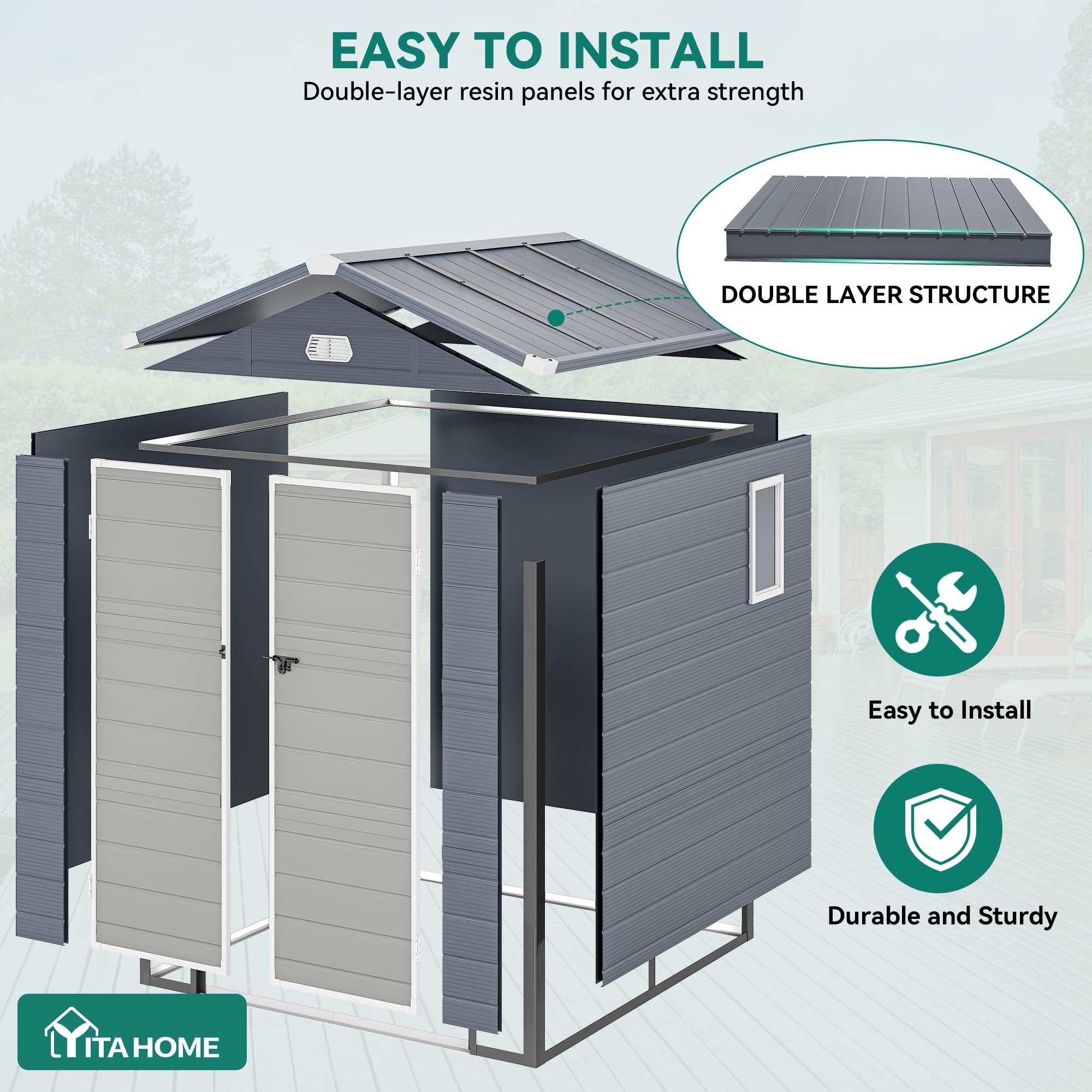Diagram showing the double-layer resin panel structure of the shed roof