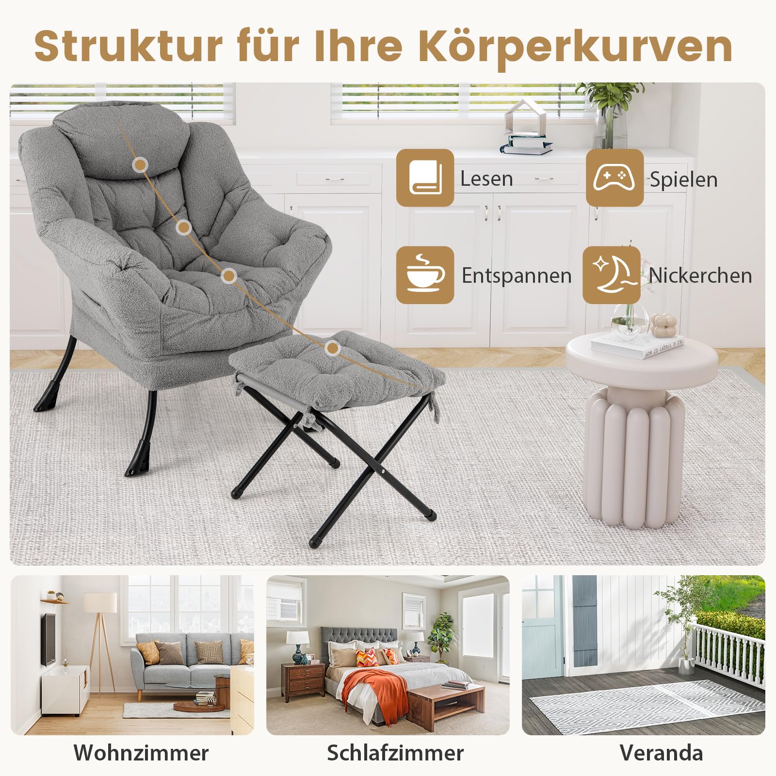 COSTWAY Sessel mit Hocker, Relaxsessel mit Armlehnen, Seitentasche & Fußstütze, Loungesessel, Fernsehsessel, gepolsterter Ohrensessel für Wohnzimmer, Schlafzimmer, Büro (Grau)