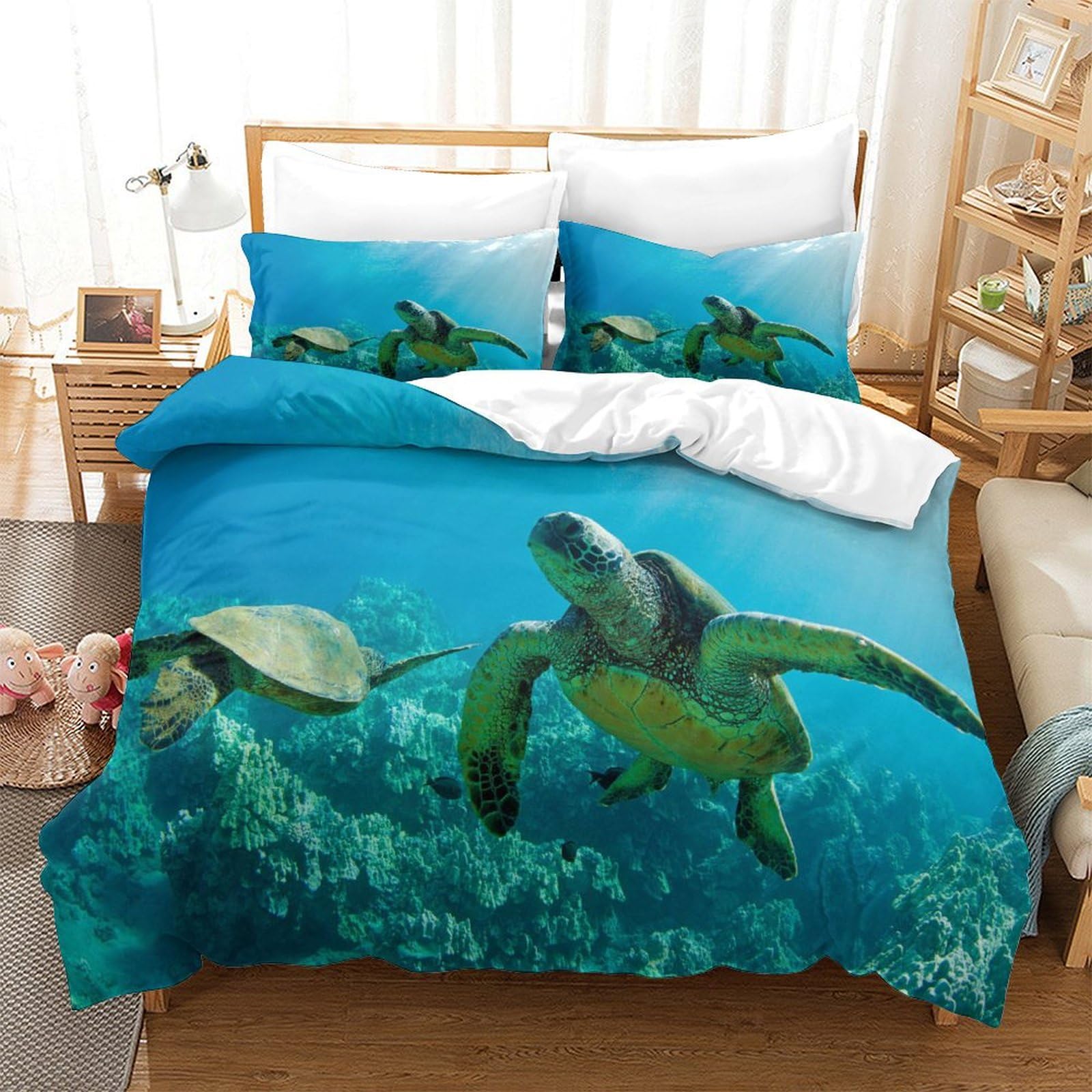 P1S9U7W5Y 3D Printed Sea Turtle Duvet Cover Set 3pcs Microfiber Ocean Bedding Set King（220x240cm）