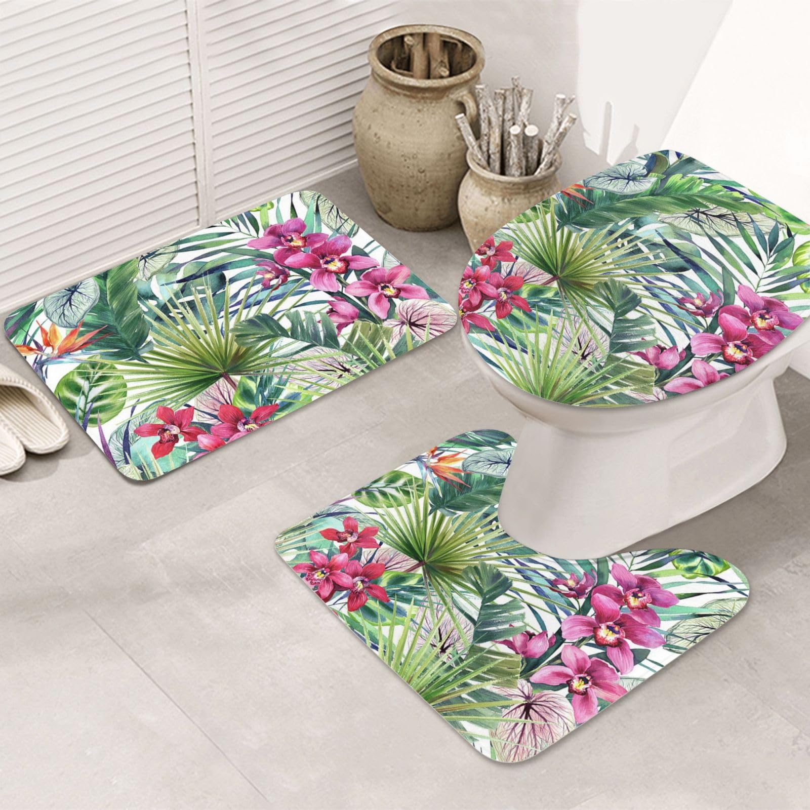 Tapis de bain antidérapants et absorbants motif plantes tropicales WC