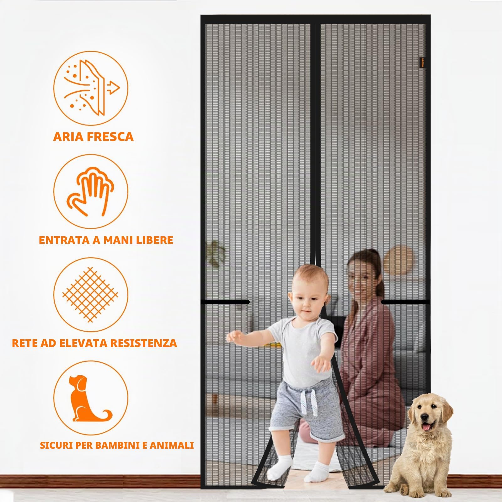 GRIFEMA Zanzariera Magnetica per Porte Finestre 100x220cm - Tenda Anti-Zanzare 1mm con Chiusura Automatica, Installazione Senza Fori per Balconi e Porte (Nero)