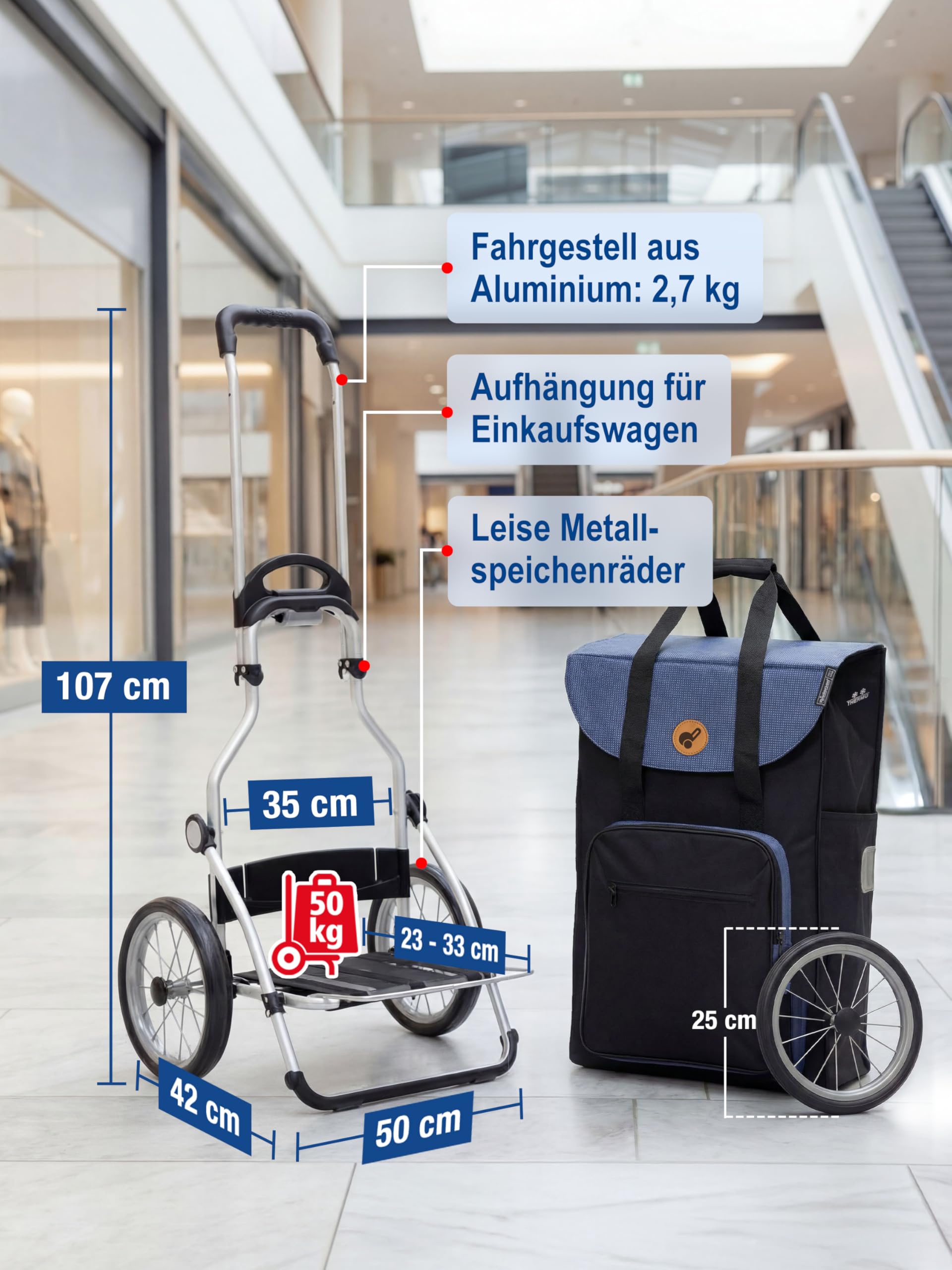 Andersen Einkaufstrolley - klappbar - 45 Liter - mit Kühlfach | Aufhängung für Einkaufswagen - belastbar 50 kg - Aluminium - Metallspeichen-Rad Ø 25 cm - Royal Shopper Wismar schwarz