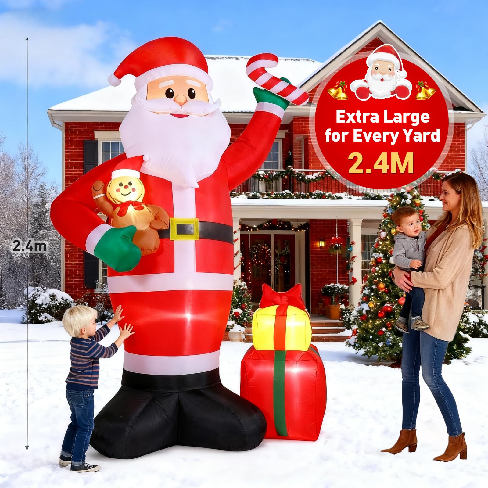 Quntis 244cm Papa Noel Hinchable Navidad Exterior con Luces, Papa Noel Inflable IP44 Impermeable, Decoración Navideña para Exterior y Interior, Patio, Jardín, Fiesta
