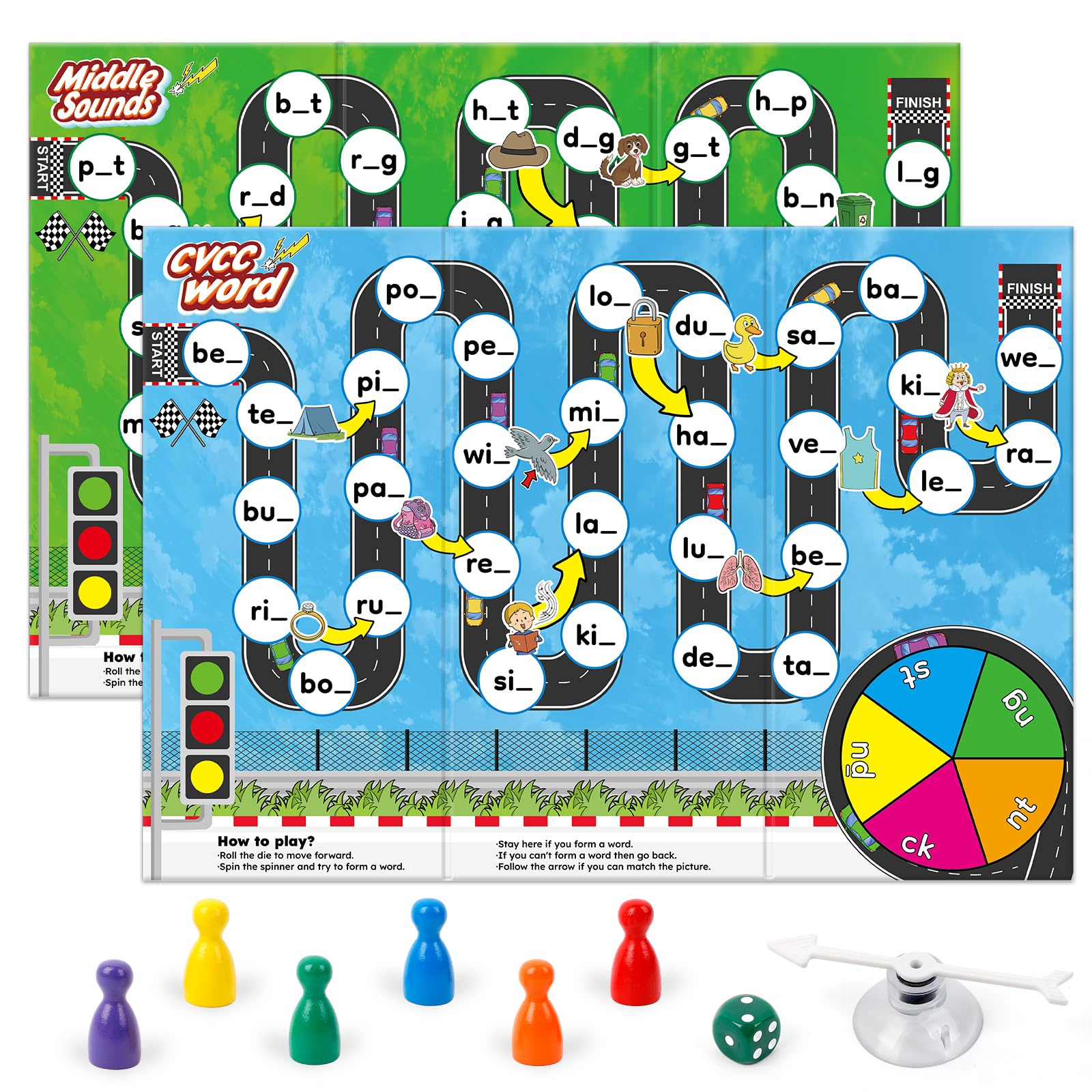 Juegos de mesa de fonética para niños, aprendizaje educativo CVC y CVCC juegos de mesa para niños y niñas, juegos de palabras de lectura y ortografía de 4, 5 y 6 años, juegos familiares para