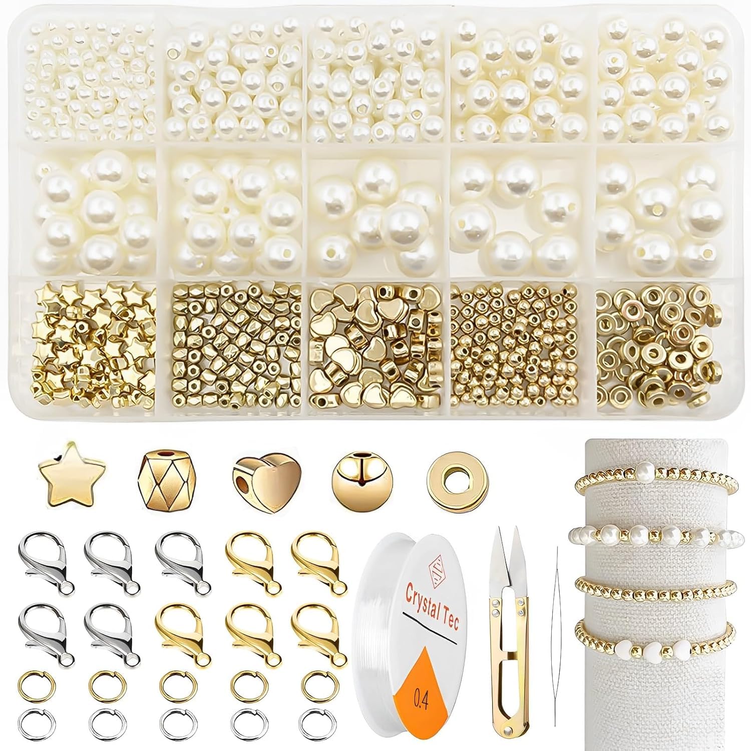 LeafLoomLeafLoom 720pcs Pearls Beads for Jewellery Making Kit, Pearl Beads for Bracelet Making, Assorted Sizes Pearl Round Beads Set Spacer Charms Golden Beads with Tools for DIY Crafts, Earrings, Necklace