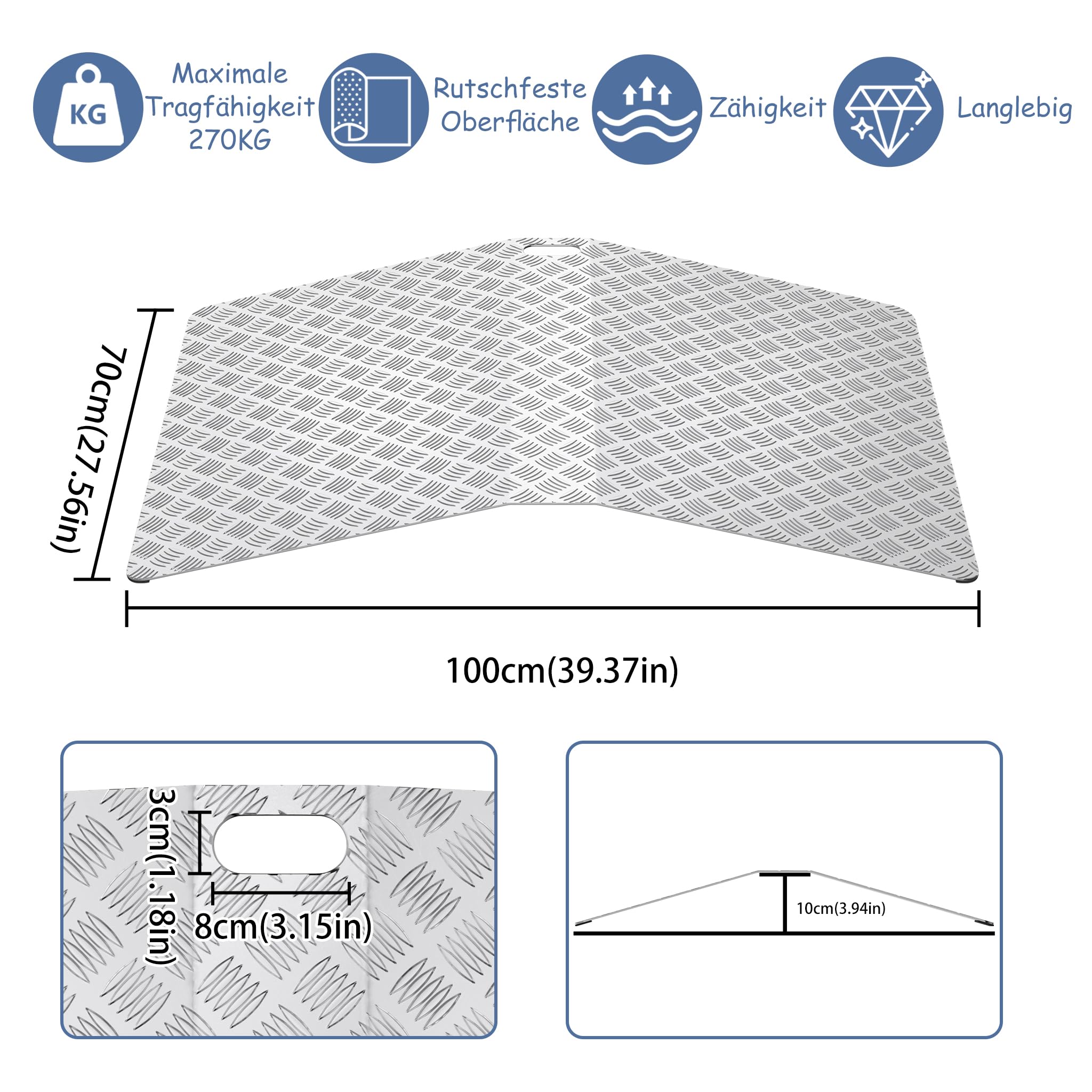 NAIZY Rampa de 100 cm para bordillos de aluminio con asa, portátil, antideslizante, 70 cm de ancho, rampa para silla de ruedas, máx. 270 kg