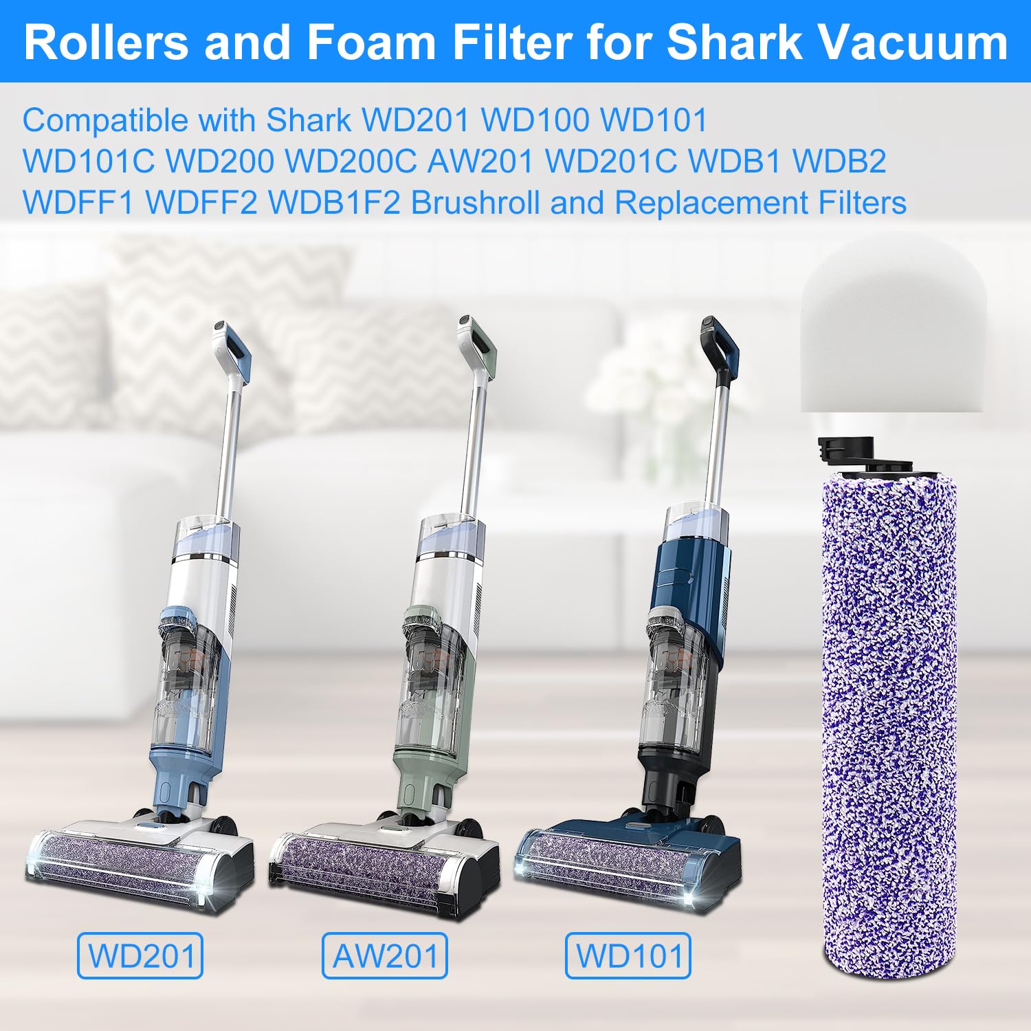WD201 Kit de filtros de repuesto para cepillo y filtro, paquete de 6 filtros de espuma lavables para Shark WD100, WD101, WD101C, WD200, WD200C, WD201, WD201C HydroVac Pro XL aspiradora 3 en 1