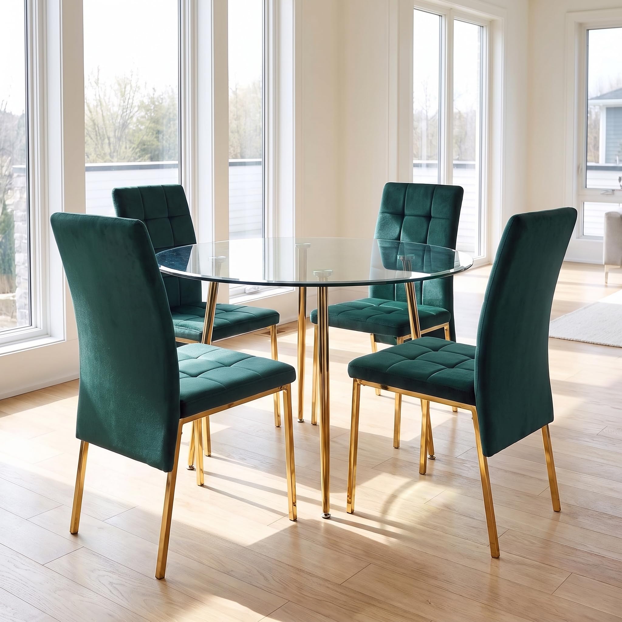 NORDICANA Velvet Dining Chairs Set of 4 Forest Green Gold Legs