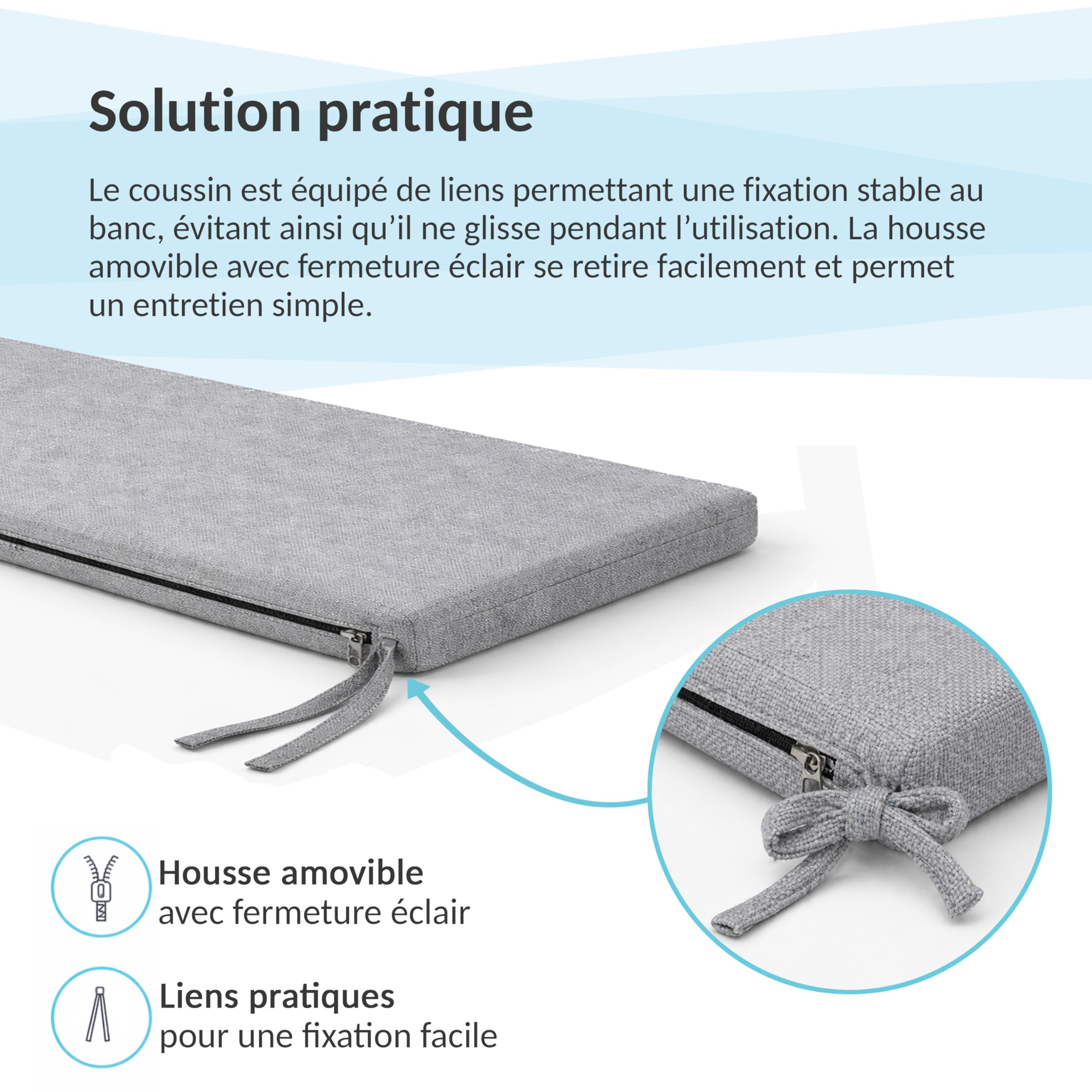 POKAR Coussin de Banc 150x50 cm | Housse Amovible et Liens Antidérapants | Galette d'Assise pour Banc de Jardin, Balancelle et Chaise | Intérieur et Extérieur | Oeko-TEX | Fabriqué en UE | Beige