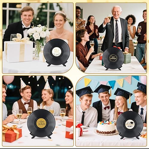 Miniatura 5 de 4 piezas de libro de invitados de disco de vinilo retro para fiestas, tablero de registro con 8 bolígrafos y 6 calcomanías decorativas, cumpleaños,