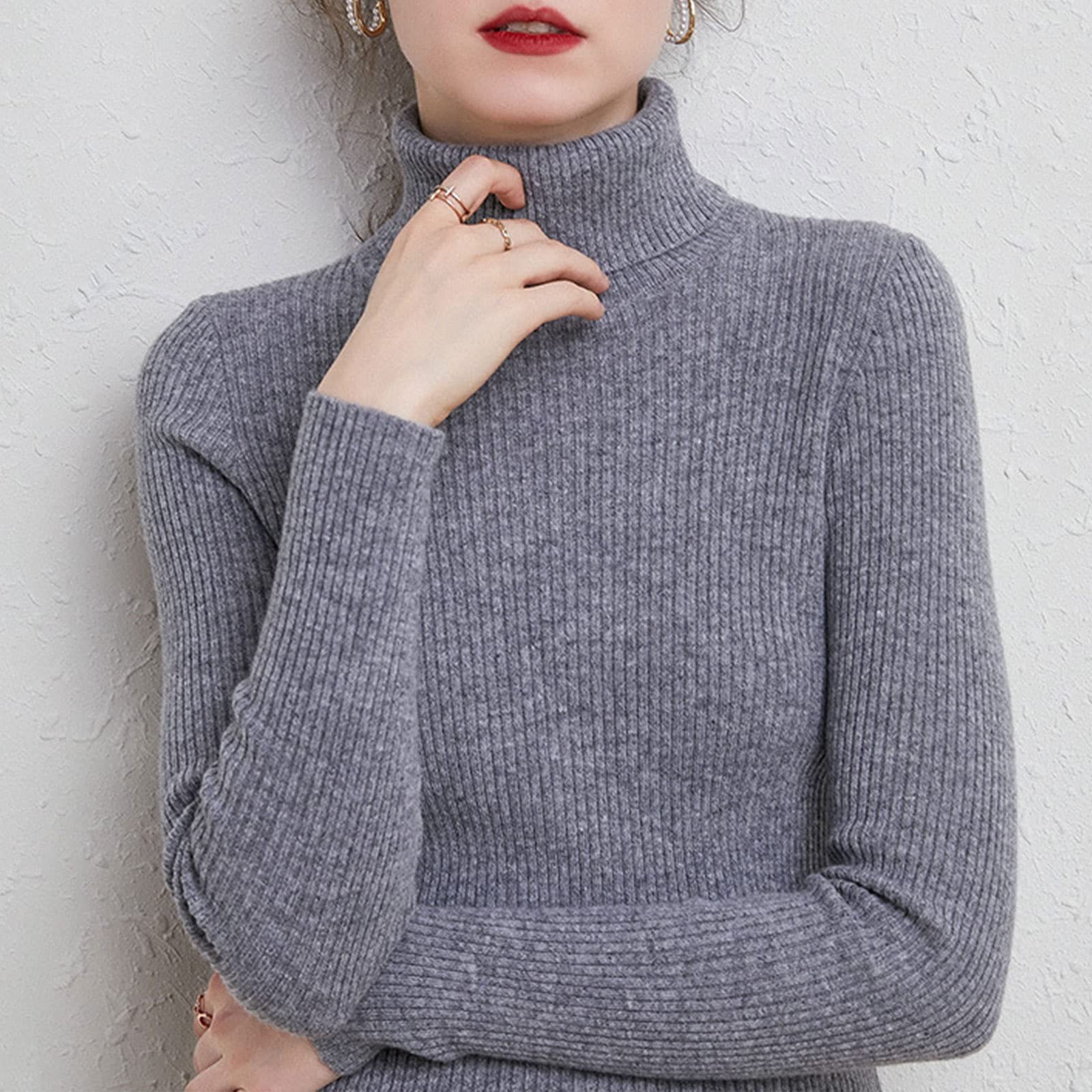Damski sweter z dzianiny z golfem na zimę, zimowy sweter z długim rękawem sweter dzianinowy prążkowany sweter dzianinowy topy, ciemnoszary-XL