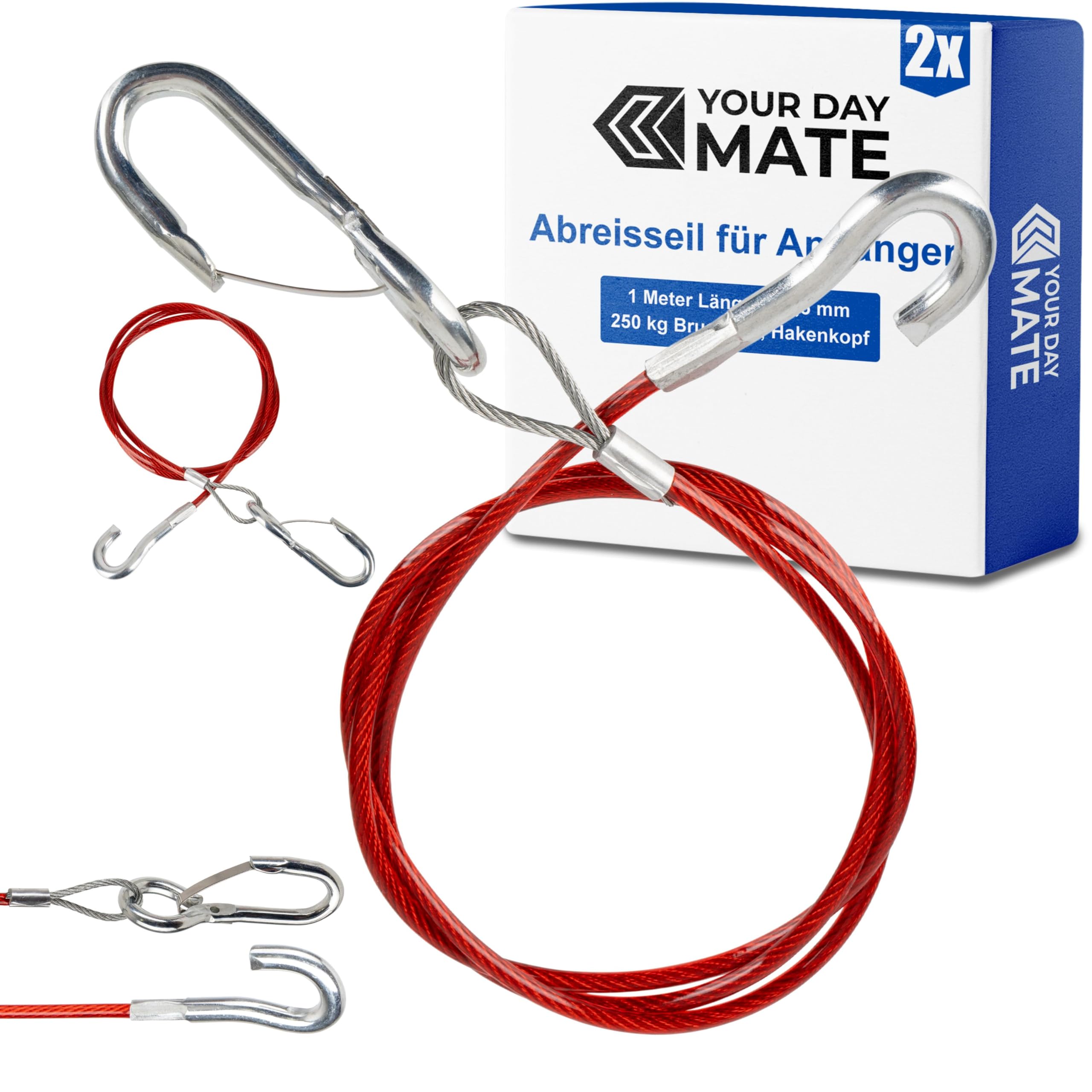 Abreisseil für Anhänger, 2 Sets, 1 Meter x Ø 2,5 mm Stahlseil mit Karabiner und Fanghaken, 250 kg Bruchlast, in Rot, für alle Arten von gebremsten Anhängern und Wohnwagen, ummanteltes Fangseil AHK