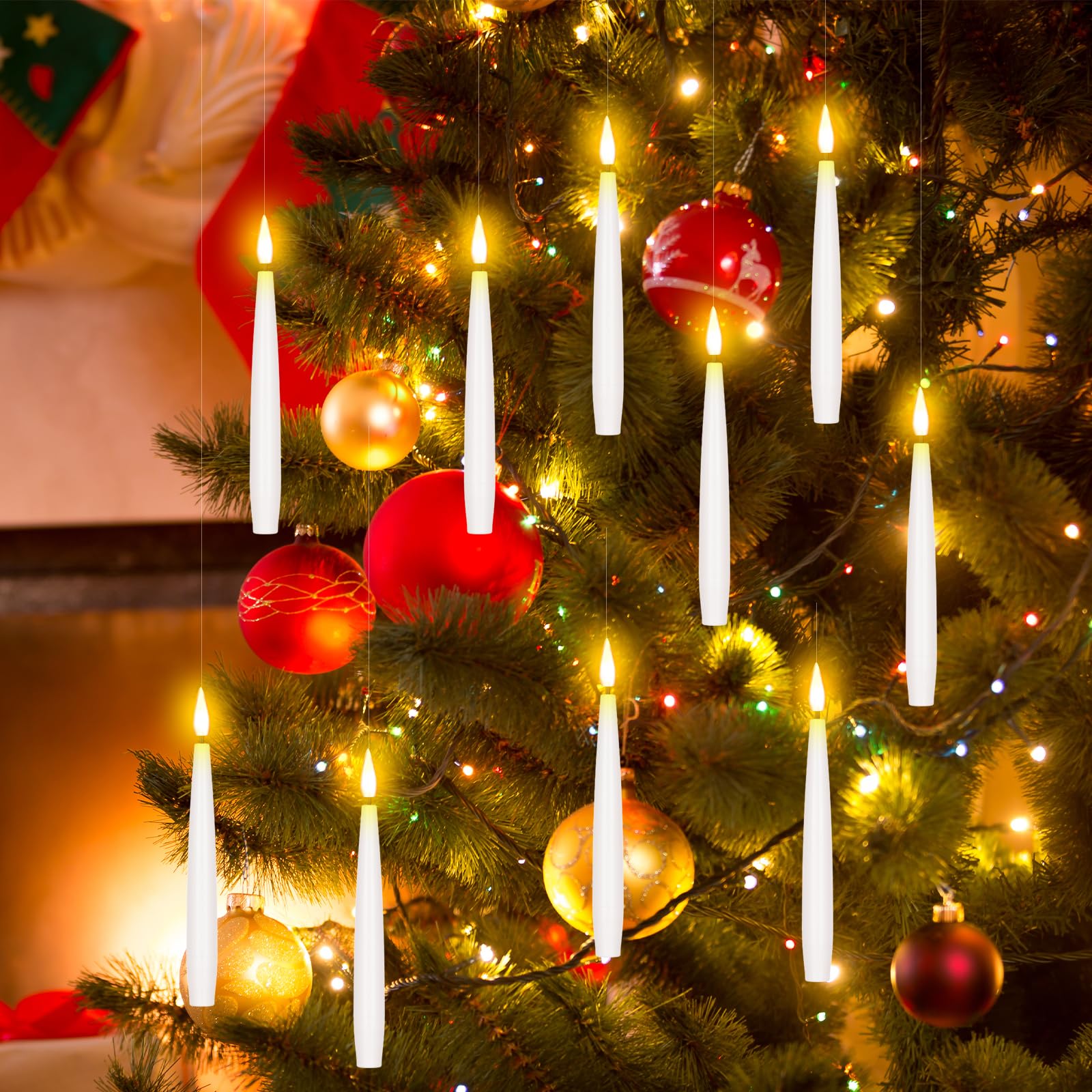 AFUXING 6.4inch FloatingCandles with Magic Wand Remote Bullet TipDesignwith6HourTimer,Flameless Candles Flickering Battery Operated, LED Electric HangingWindowCandlesChristmas Halloween Decorations