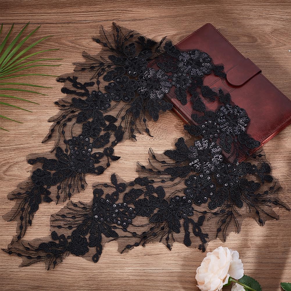 GORGECRAFT 4Pcs 3D Sequin Lace Applique Embroidery Sew on Leaf Flowers Collar Trim Patch Floral Motif Fabric Craft Decoration Patches for Sewing Wedding DIY Clothes Dress Pants Jeans Bag Garment Black - Image 4