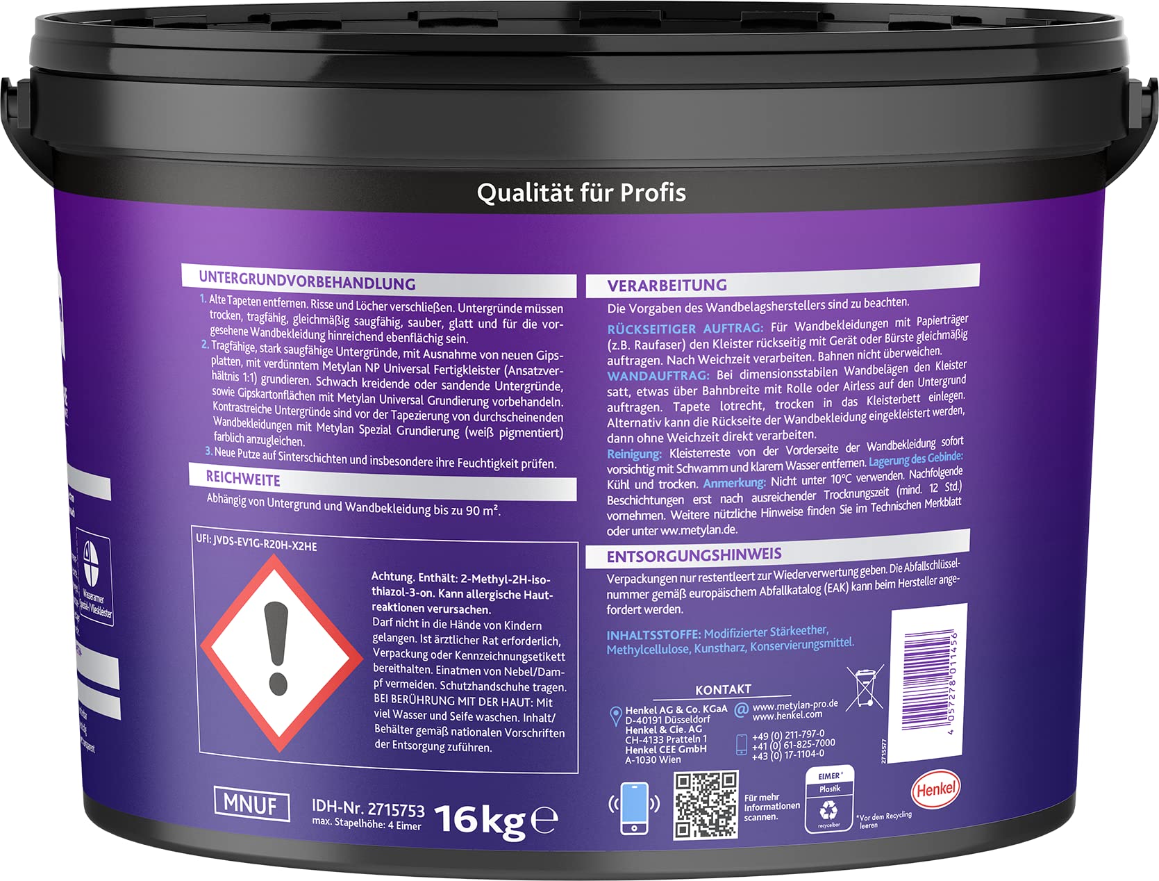 Metylan NP Hohe Klebkraft, Universal, gebrauchsfertig, Fertigkleister mit sehr hoher Anfangshaftung & Klebkraft, Zum Verkleben von Raufasertapeten, Innen widerstandsfähig gegen alle Einflüsse, 1x16kg