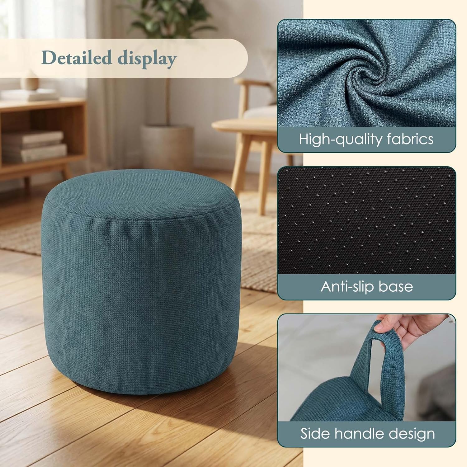 MIFXIN Round Pouf Ottoman, Shredded Foam Fill Round Foot Rest 20"x14" Small Footstool with Removable Washable Cover, Side Handle & Non-Slip Bottom for Living Room Bedroom (Navy Blue)