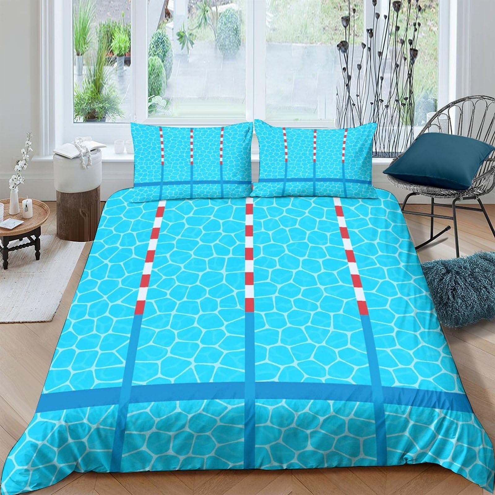 Ctjqhvkz Style-4 3D Printed Pool Lane Fitted Sheet Microfiber Soft Blue Water Pattern Bed Cover For Bedroom Guest Room Mattress Protection Decor Single（135X200cm）