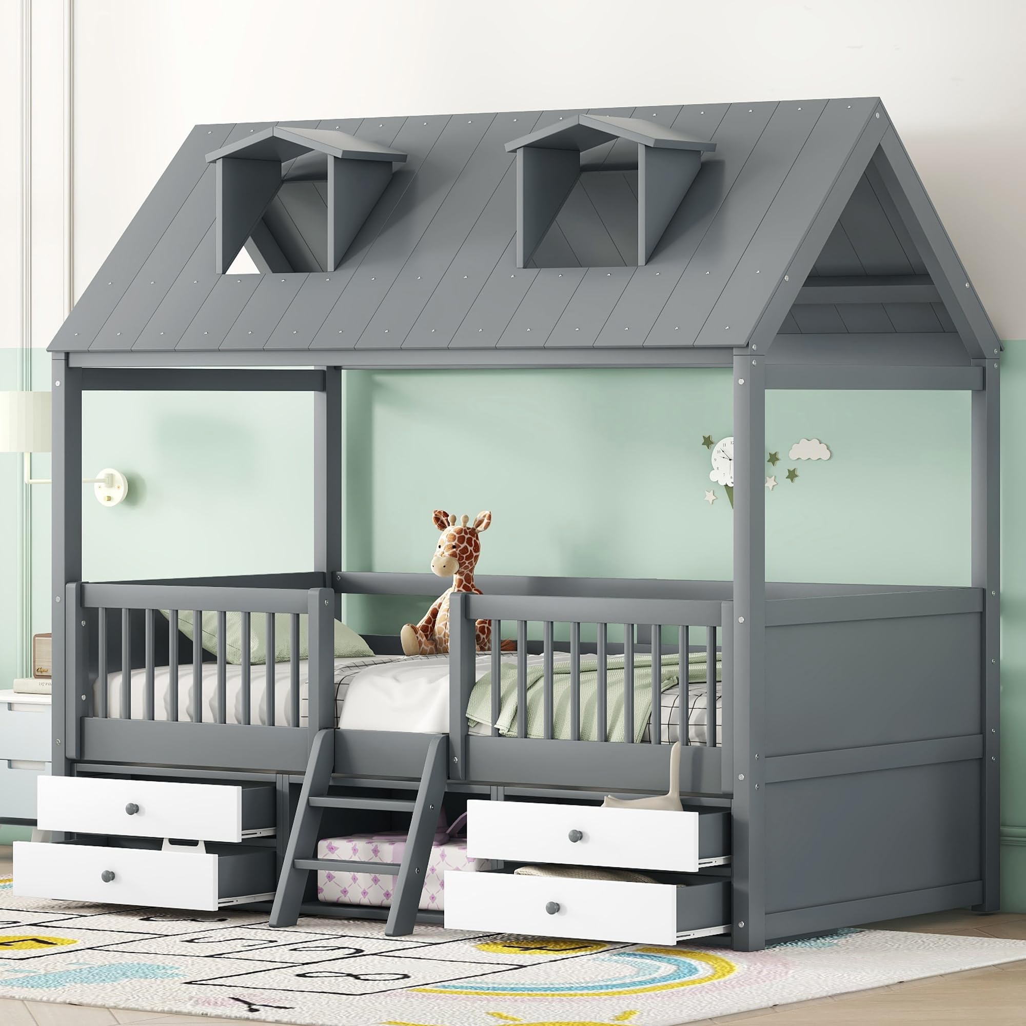 Twin Size Charming Kids House Bed with Roof Skylights, Sturdy Ladder, and Storage Drawers - Playful Sleep Space for Children (Gray/H1)