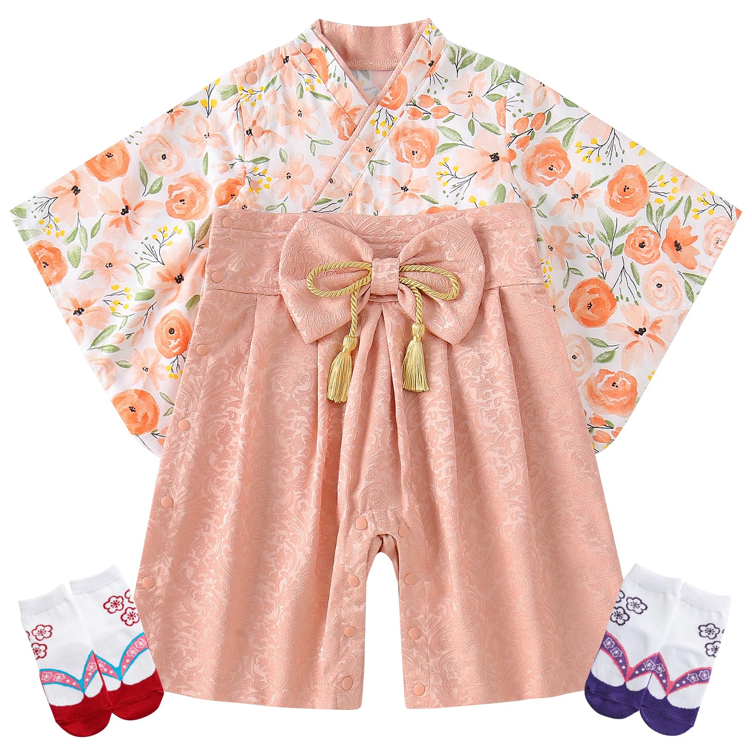 [Comfort U] ベビー服 男の子 袴 ロンパース 新生児 着物 袴カバーオール 和装 お食い初め 初節句 七五三 靴下付き | シワになりにくい綿混素材,肩股スナップボタン簡単着脱,着くずれ防止カバーオール構造,取り外し可能ウエストリボン,足袋風ソックス2足付属セット,ひな祭りお宮参り誕生日イベント対応,手入れ簡単なイージーケア仕様,和風フォーマル仕様