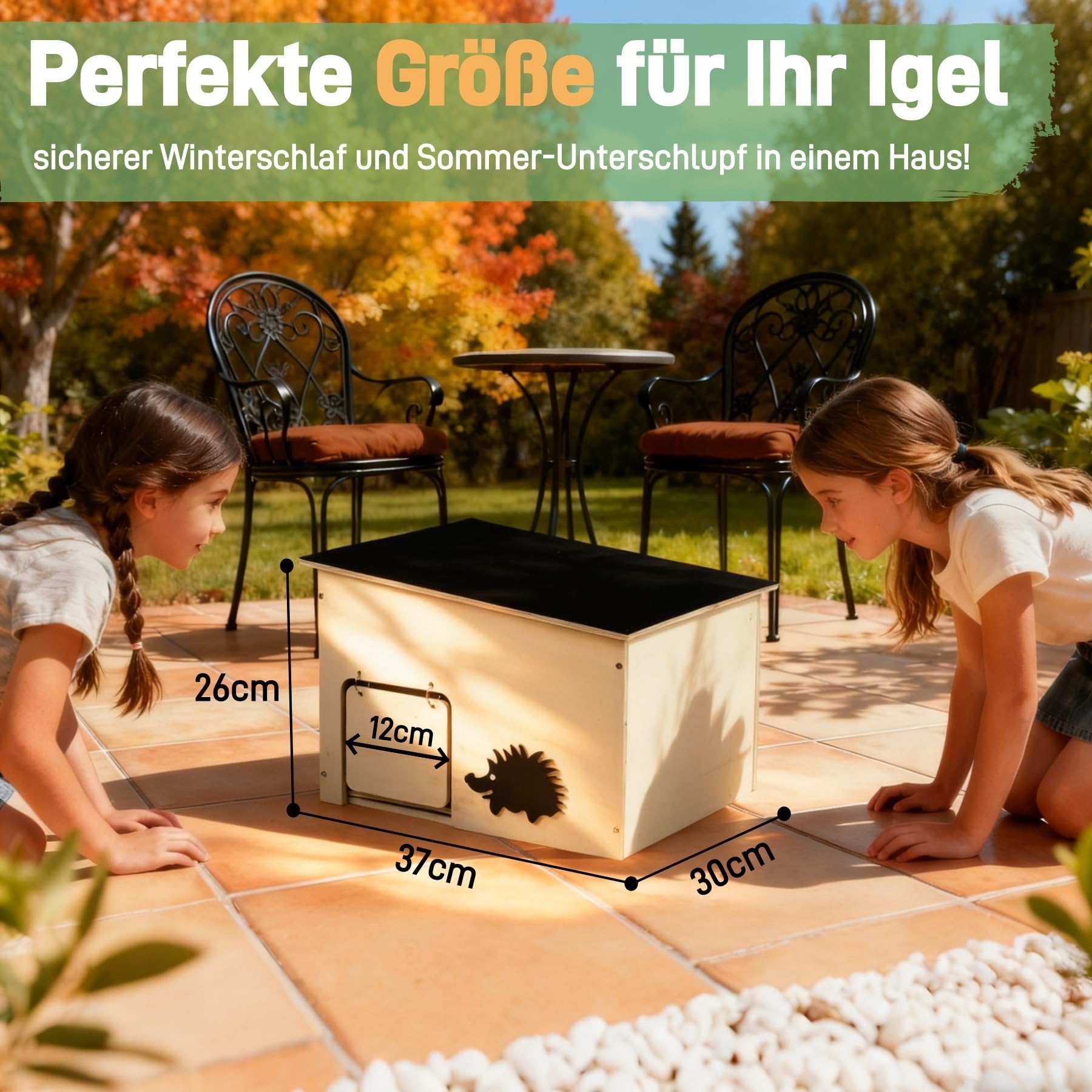 Igelhaus Holz Groß mit Rattenklappe, Boden und Labyrintheingang | Igelhotel für Kleintiere zum Winterschlafen, Nisten und Sommerunterschlupf, Winterfest und Robust, Bausatz Set