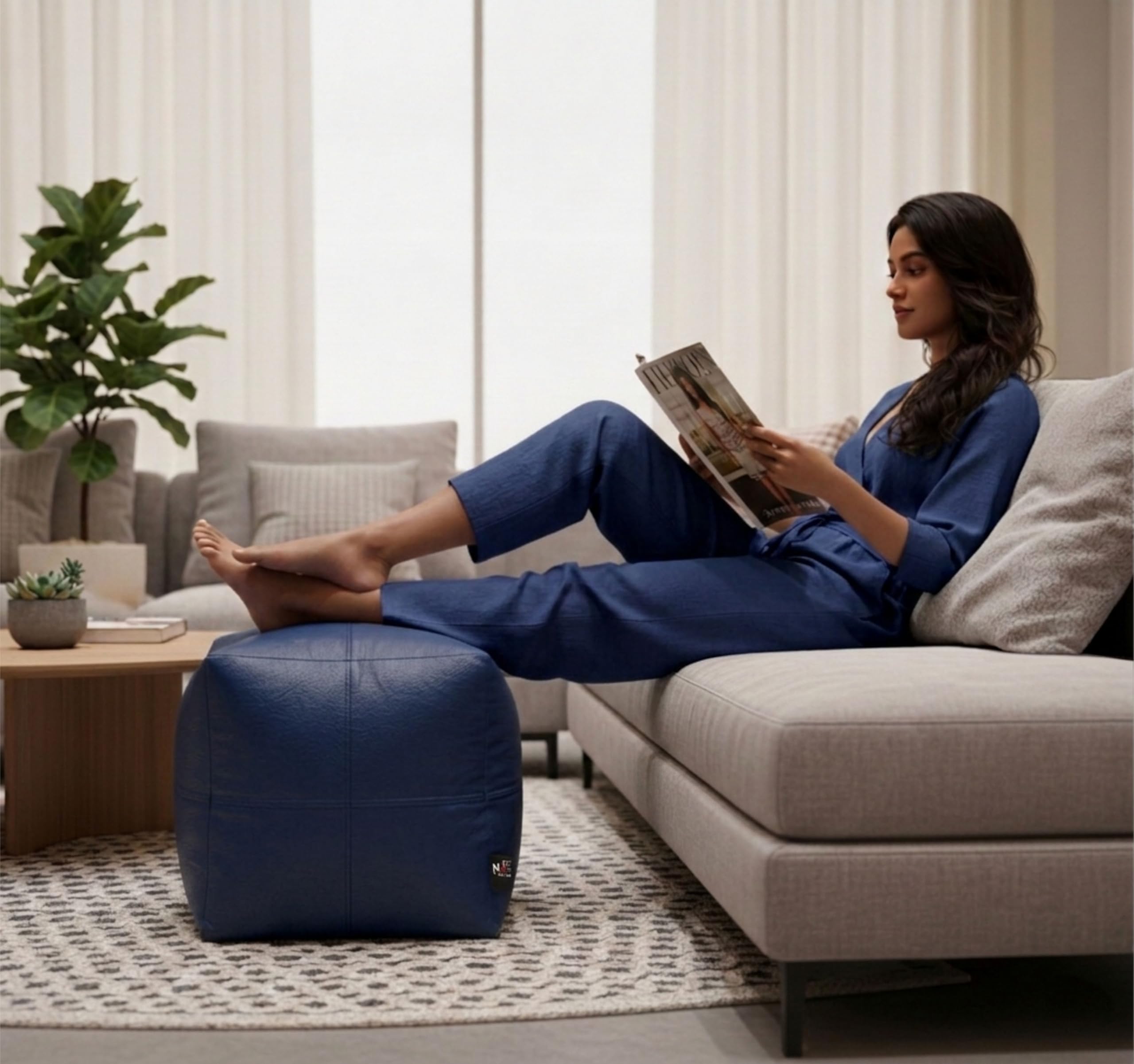 NEXT SPACE 16-Inch Premium XXL Bean Bag Cube & Footstool – Multipurpose Ottoman Pouf for Living Room, Balcony, Bedroom & Kids | Durable Faux Leather, Multi-Colour- Cover only (Blue)-picture-29