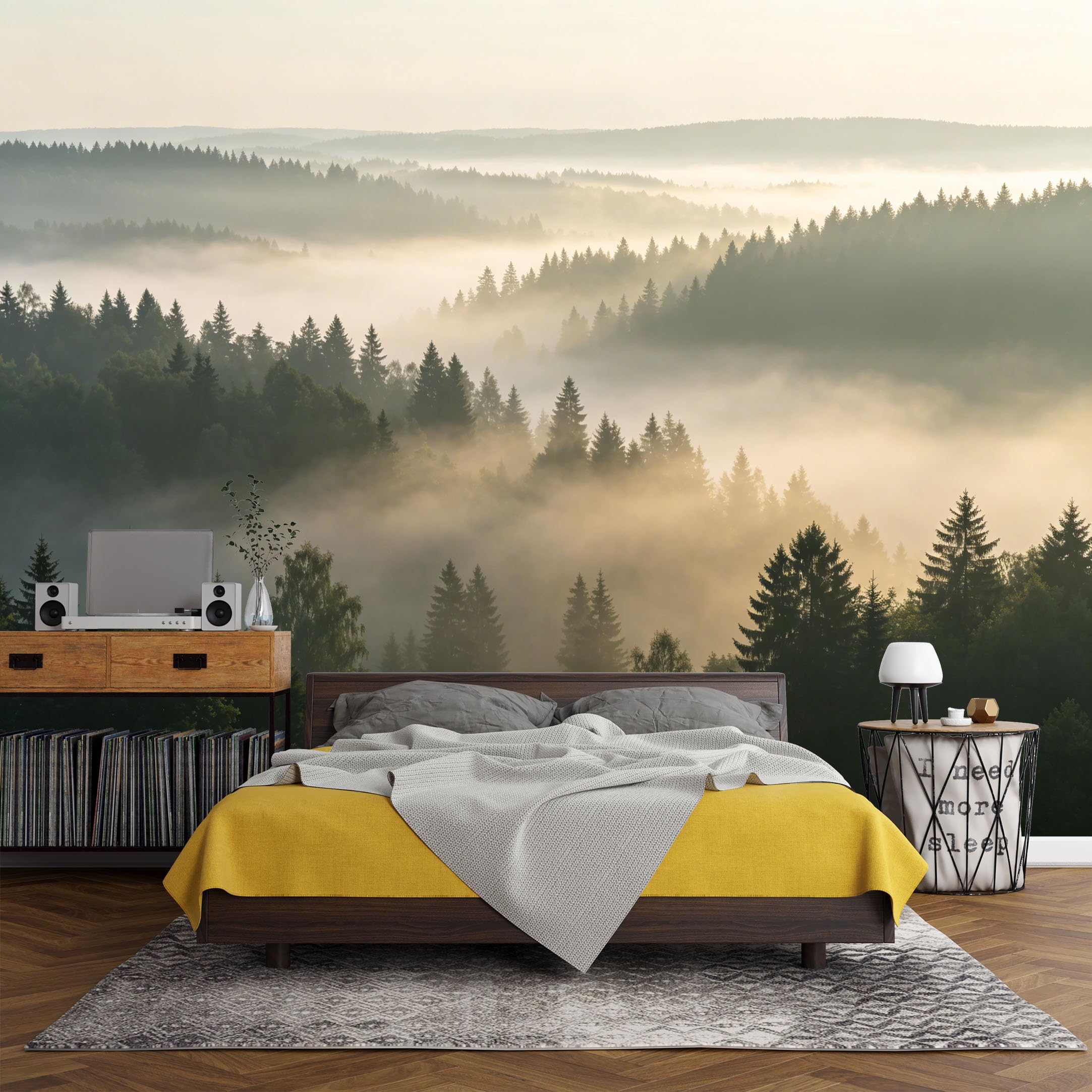 Custom Size Wall Mural Misty Pine Forest Landscape Sunrise Foggy Mountains，SelfAdhesive Art Prints wall Fabric(No PVC) Removable Wallpaper Living Room Decor