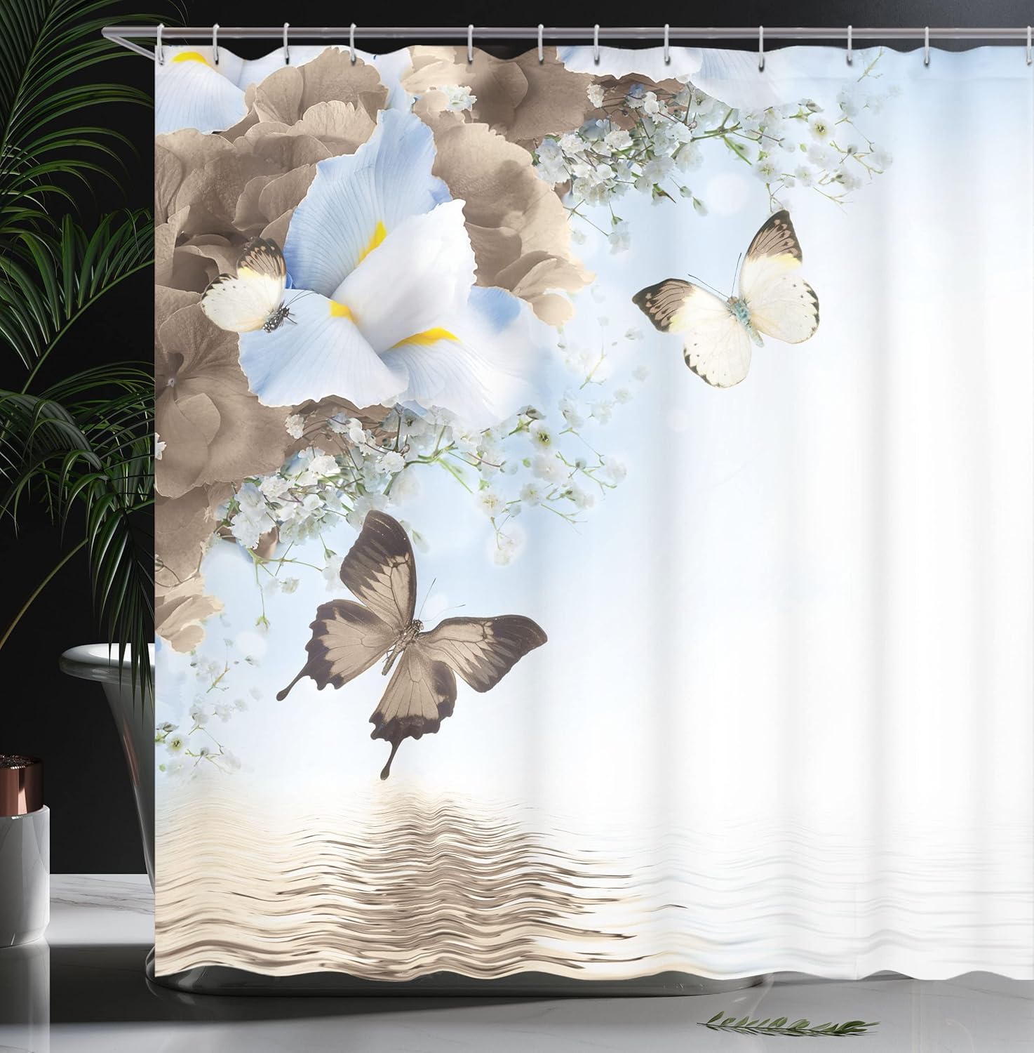 Ambesonne Floral Shower Curtain, Nature Theme Wild Flowers Monarch Flying Butterflies Lily on Lake Therapy Spa, Cloth Fabric Bathroom Decor Set with Hooks, 69" W x 70" L, Cocoa Yellow