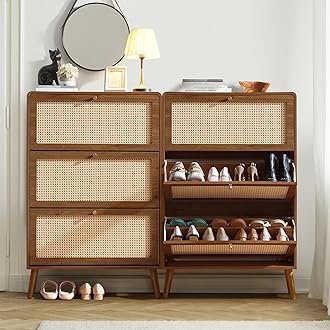 Rattan Shoe Cabinet with 3 Flip Drawers, 48 Pairs Narrow Shoe Storage Cabinet for Entryway Freestanding Hidden Shoe Rack, Modern Slim Wood Shoe Organizer for Hallway, Walnut