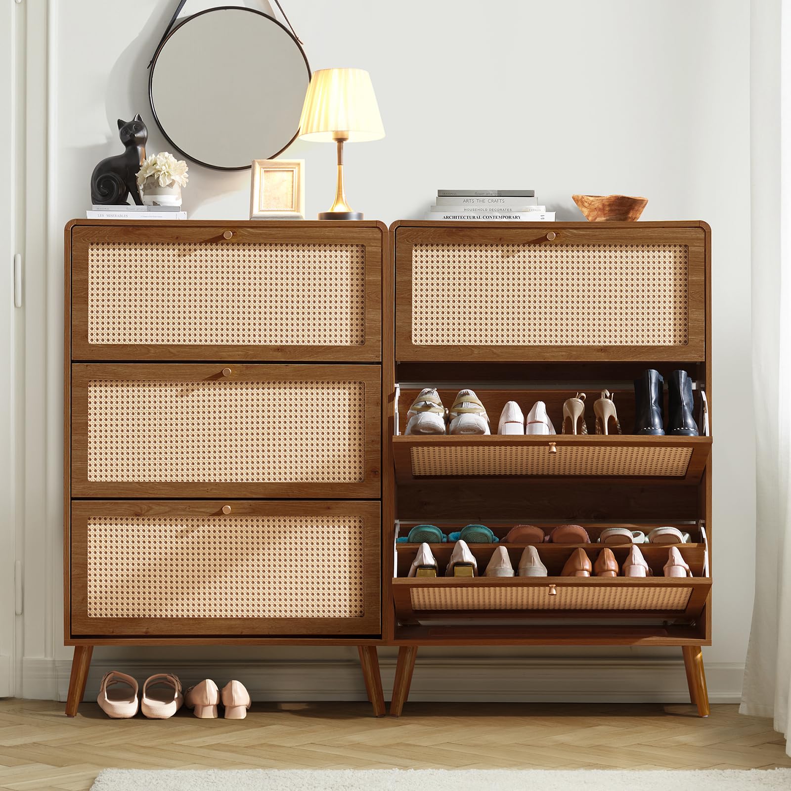 Rattan Shoe Cabinet with 3 Flip Drawers, 48 Pairs Narrow Shoe Storage Cabinet for Entryway Freestanding Hidden Shoe Rack, Modern Slim Wood Shoe Organizer for Hallway, Walnut