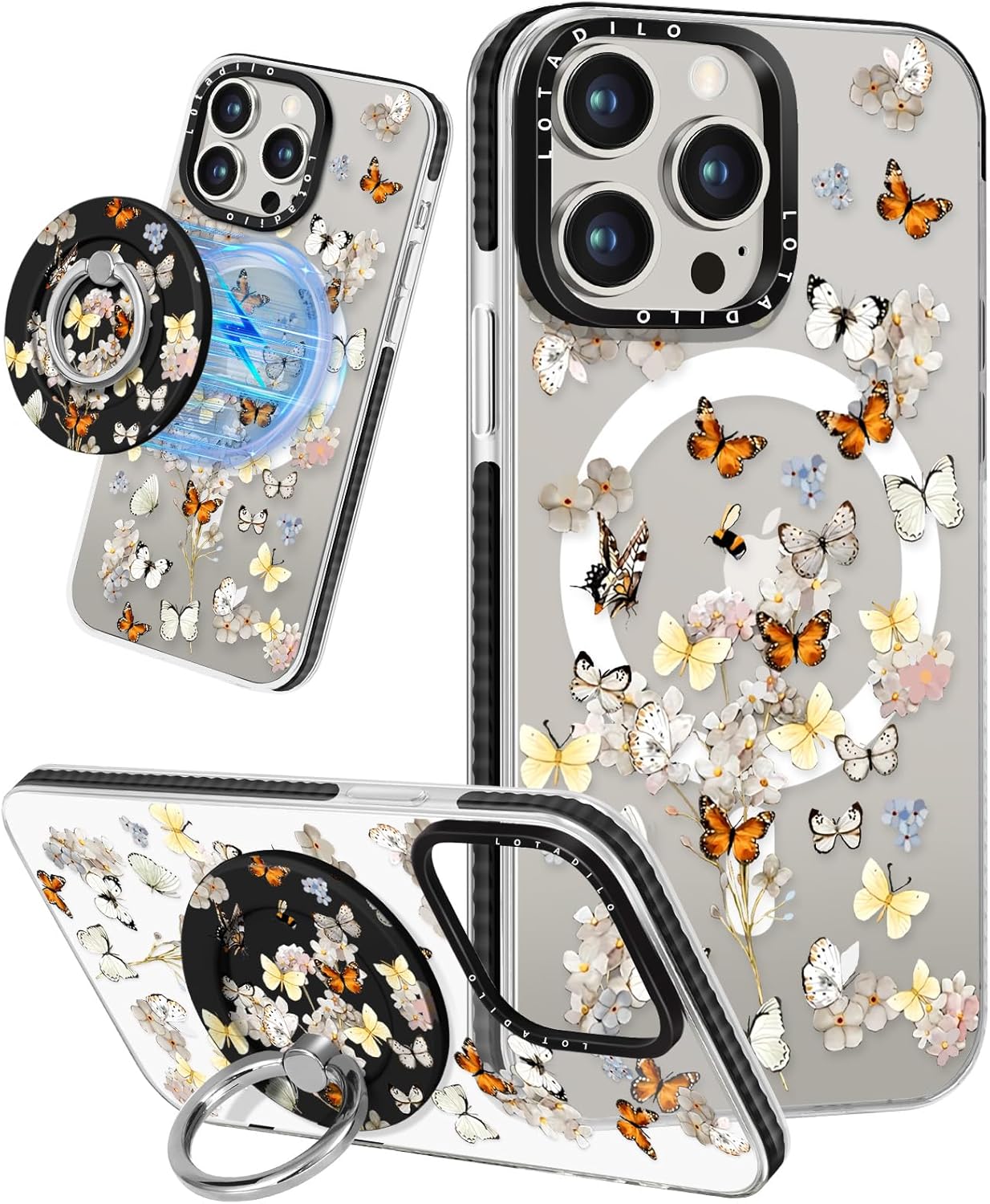 for iPhone 15 Pro Max Case for Women - Cute Kawaii Design Girls Compatible with Magsafe Magnetic Ring Holder Stand Butterfly Flower Phone Covers Aesthetic Girly TPU Funda for 15 Pro Max Butterfly Flower for iPhone 15 Pro Max