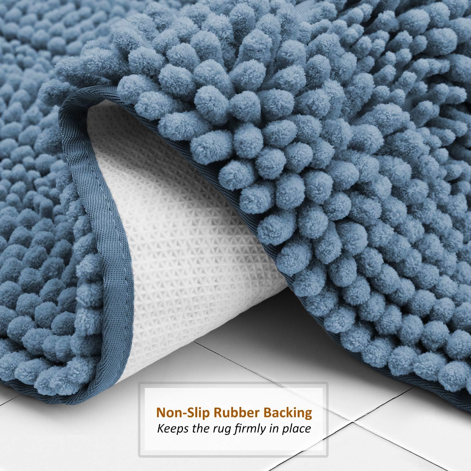 Clara Clark Chenille Bathroom Rugs, Ultra Soft Plush Shaggy Bath Mats for Bathroom, Machine Washable Non Slip Backing Rubber Bath Rugs, 44 x 26, Blue Heaven