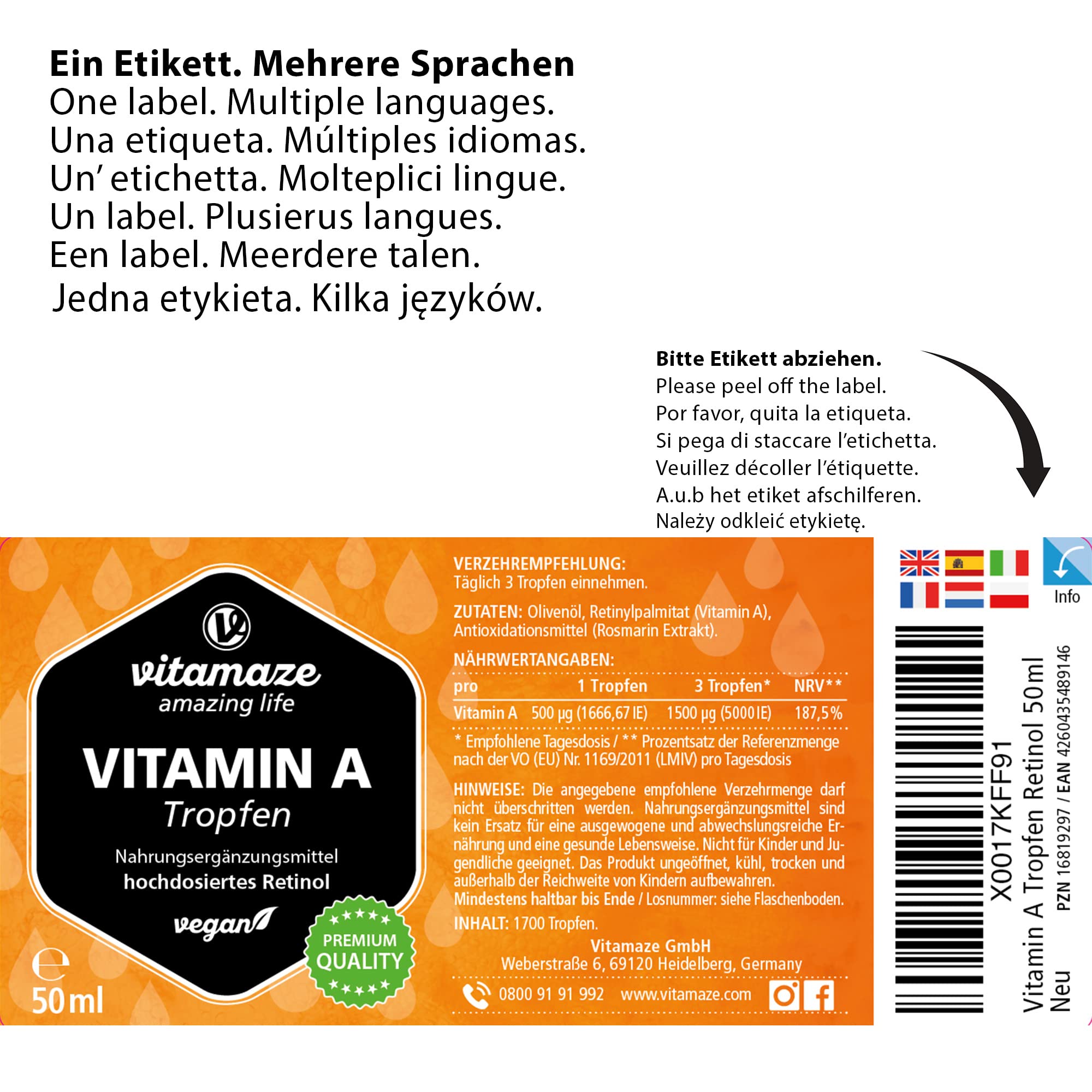 Vitamina A Gocce 5000 UI ad Alto Dosaggio per Dose Giornaliera, Retinolo Vegano & Liquido, 50 ml (1700 Gocce), Alta Biodisponibilità, Integratore Alimentare Naturale & Pura, senza Additivi