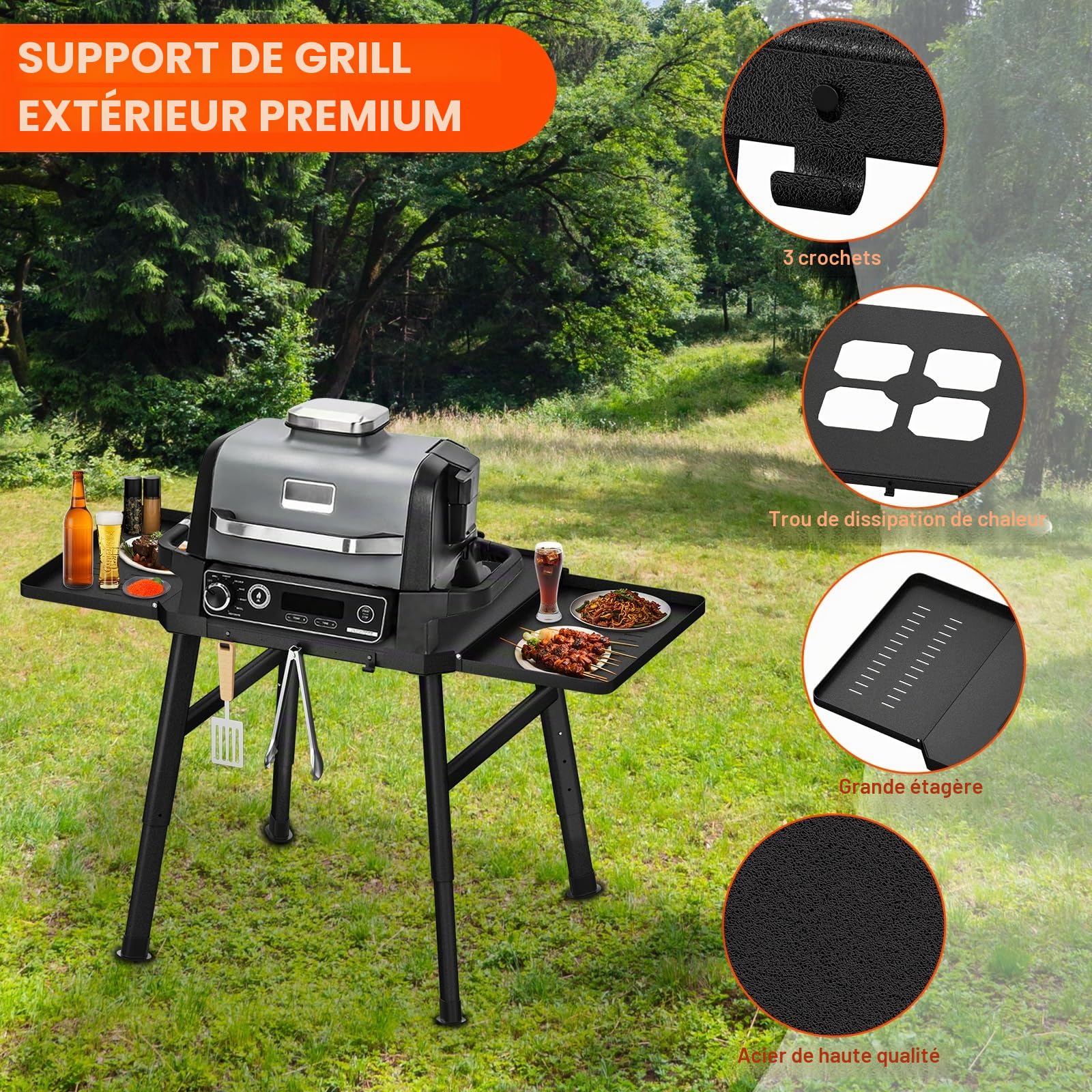 Support de barbecue pour four extérieur Ninja Woodfire et support de barbecue, support mobile pour Ninja Woodfire avec table d'appoint, support de four à pizza, accessoires de barbecue