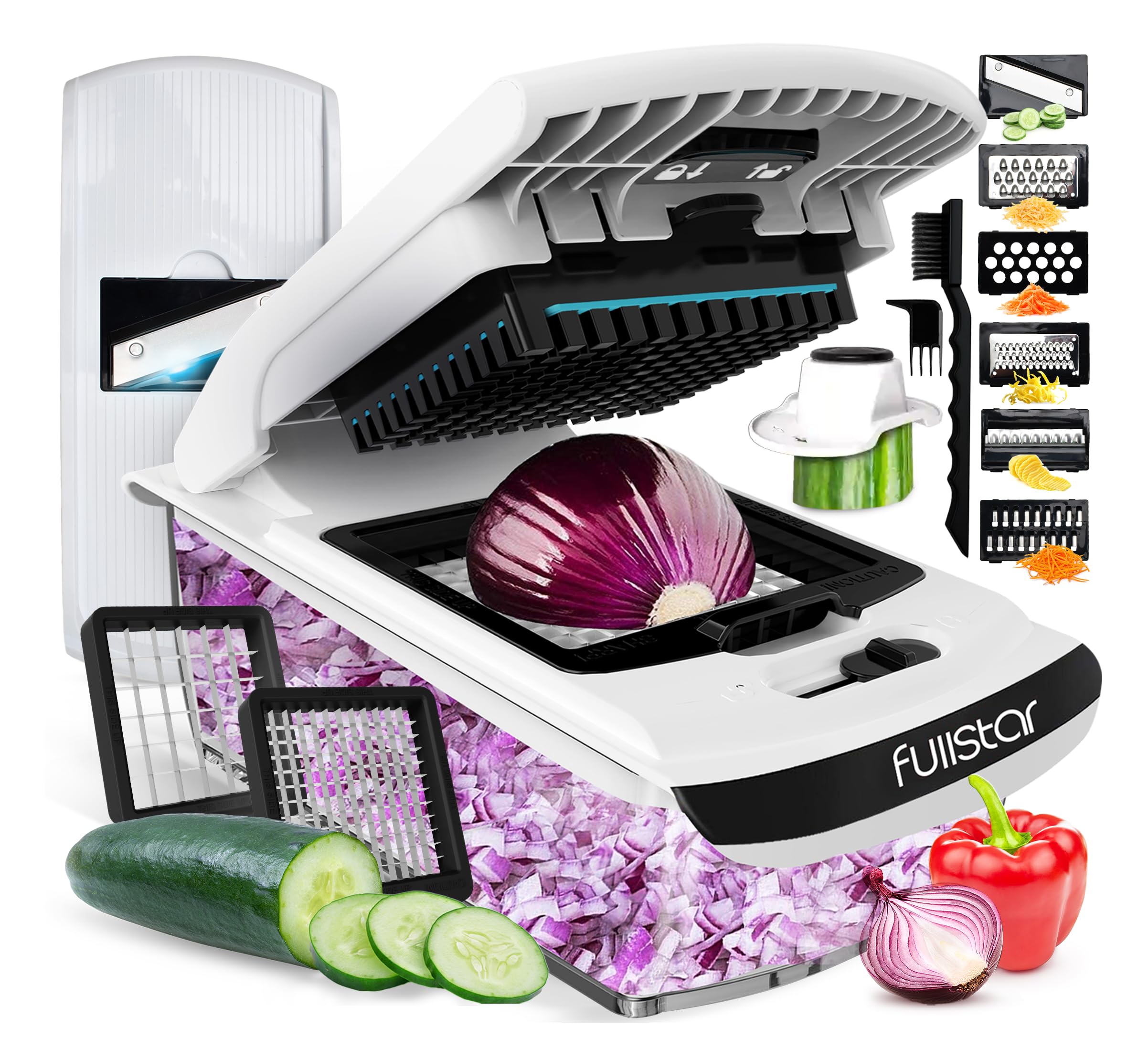 Fullstar Vegetable Chopper - Food Chopper - Onion Chopper - Vegetable Slicer & Spiralizer - Veggie Chopper with Container - Kitchen Gadgets - Home Essentials - Kitchen Accessories (All in 1, White)
