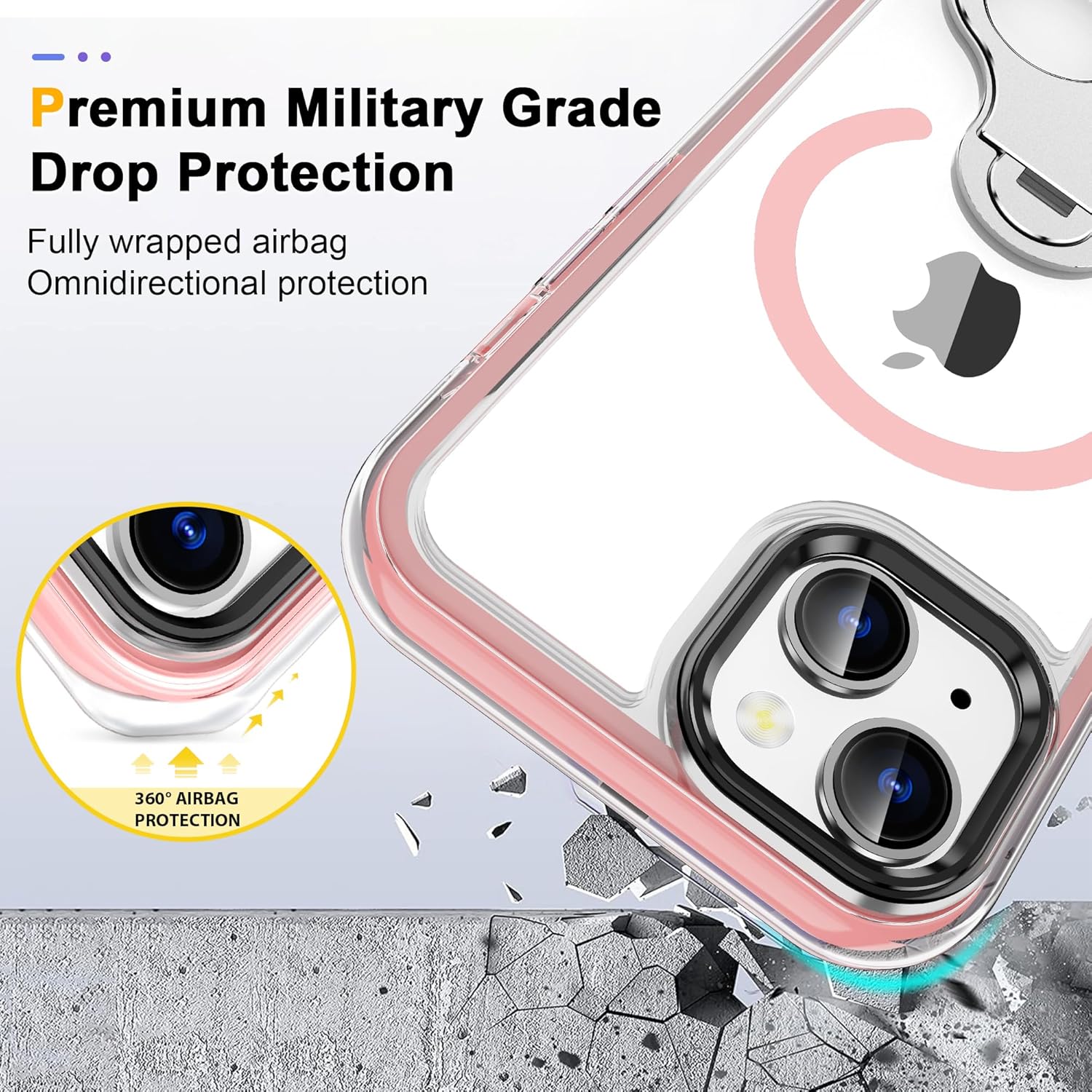for iPhone 13/14 Magnetic Case with Stand and Ring Holder, 360° Airbag Anti-Fall Shockproof Protection, Anti-Yellowing Hard Clear Back Phone Case for iPhone 13 & iPhone 14, 6.1" (Pink)