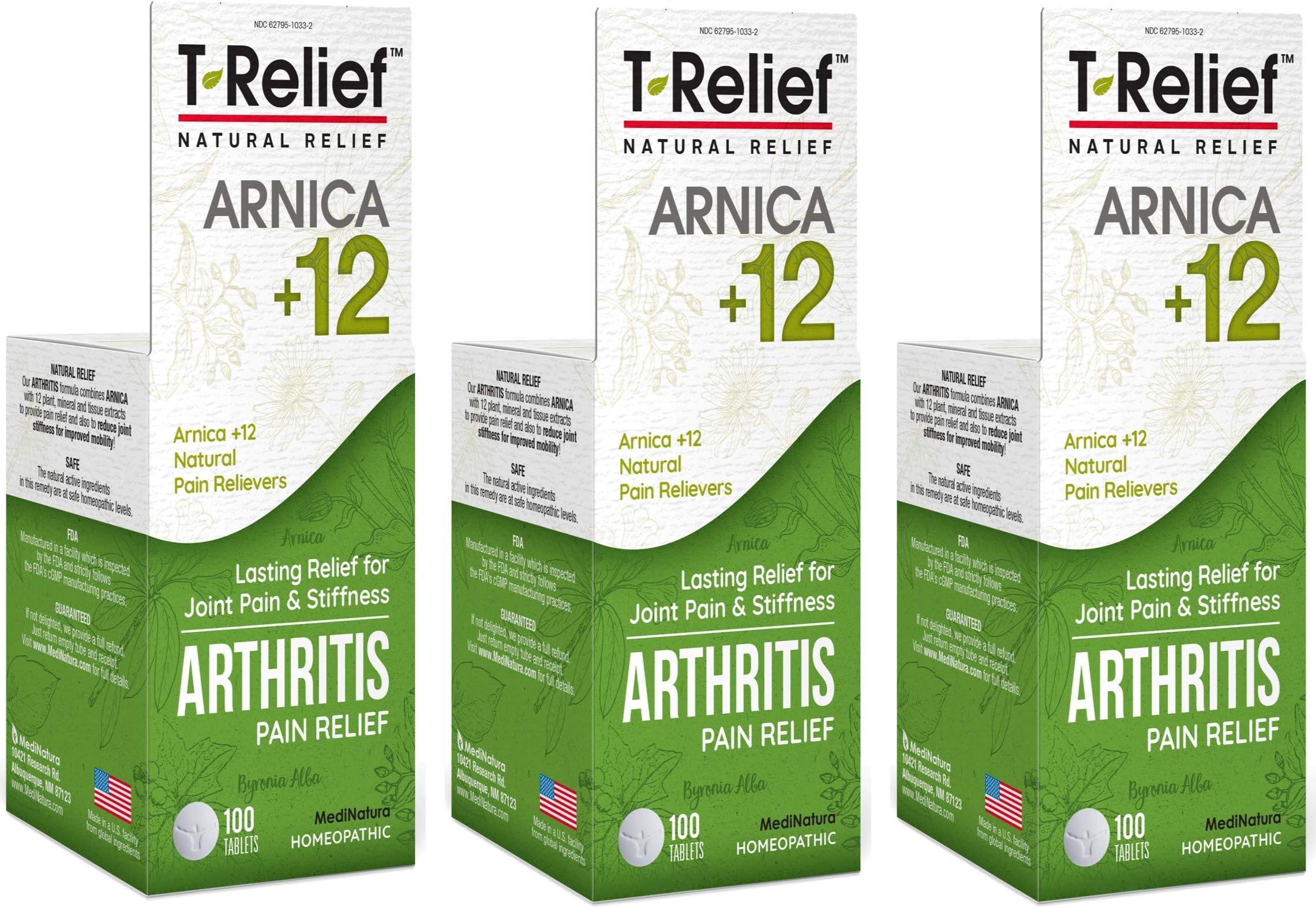 MediNatura T-Relief Extra Strength Arthritis Pain Reliever Arnica +12 Natural Medicines for Joint Soreness Stiffness Aches, Quick Dissolving Pain Relief for Women & Men - 100 Tablets (Pack of 3)